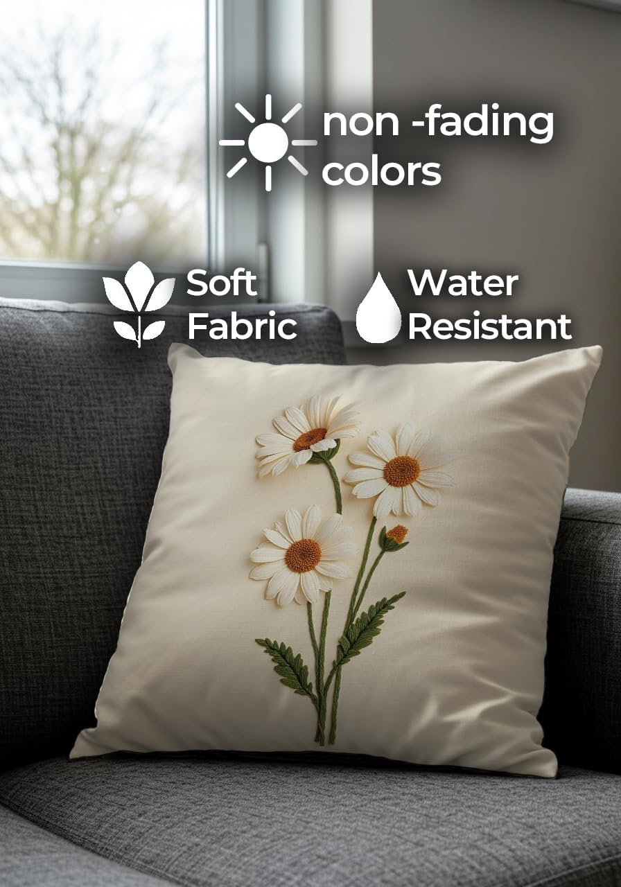Artvibe Decorative Throw Pillow Covers with Embroidered Daisy Pattern, Italian Velvet Fabric, Hidden Zipper, Machine Washable, 2-Piece Set, Cream