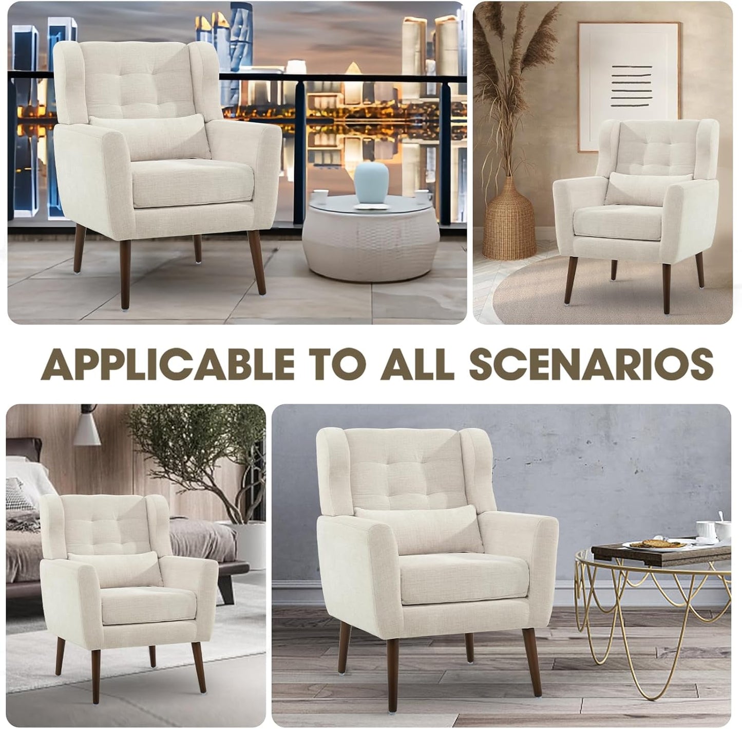 Accent Chairs Set of 2 for Living Room, Chenille Upholstered Mordern Armchair, Comfy Soft Padded Lounge Reading Arm Chair in Small Space, Bedroom, Pillow, Solid Wood Leg, Beige