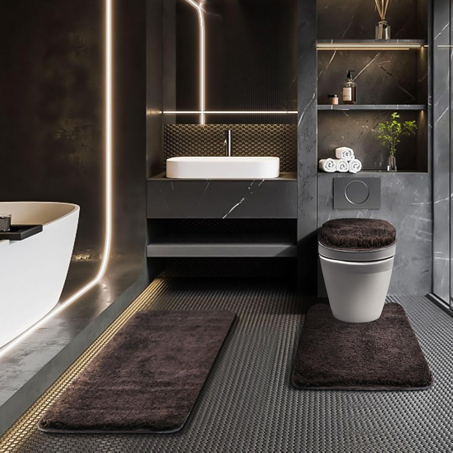 Bathroom Rugs Sets 3 Piece with Adjustable Toilet Seat Cover 17.5"x 15" Machine Washable Bath Rug Set with TPR Non Slip Rubber Backing Solid Bath Mat Set for Luxury Bathroom Decoration