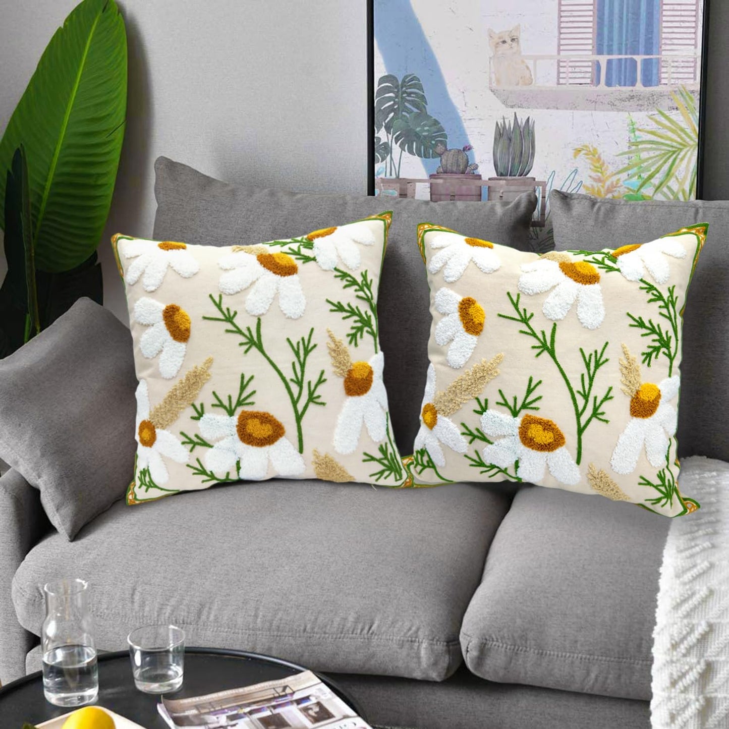 Alysheer Floral Embroidered Fall Decorative Throw Pillow Covers 18"x 18" Set of 2, Farmhouse Daisy Flowers Patterned Canvas Cushion Cases for Couch Bed Living Room Decor