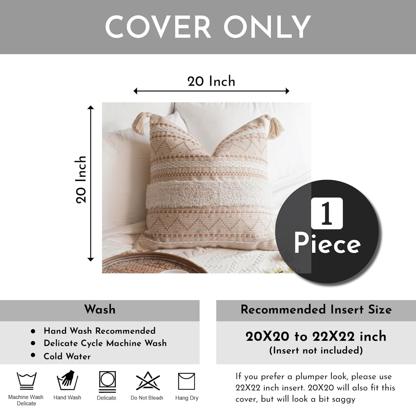 Decorative Throw Pillow Cover 20x20 Square Cream Neutral White Boho Accent Pillowcase Tassels Farmhouse Cushion for Couch Sofa Bedroom Living Room Home Décor (Cover ONLY, Pack of 1)