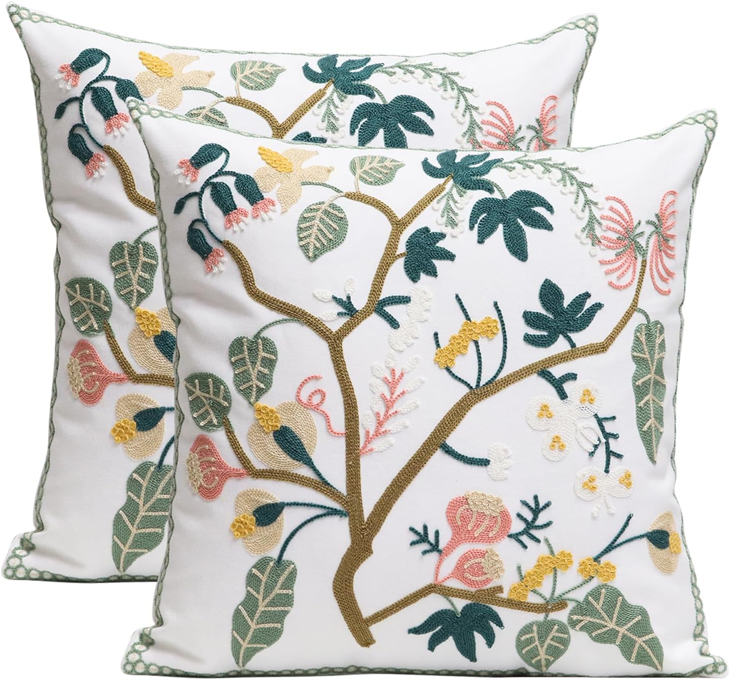 Pack of 2 Embroidered Decorative Throw Pillow Cover 18x18 Inch Farmhouse Floral Pillowcase for Living Room Sofa Bed (Bird Flower-Waist)