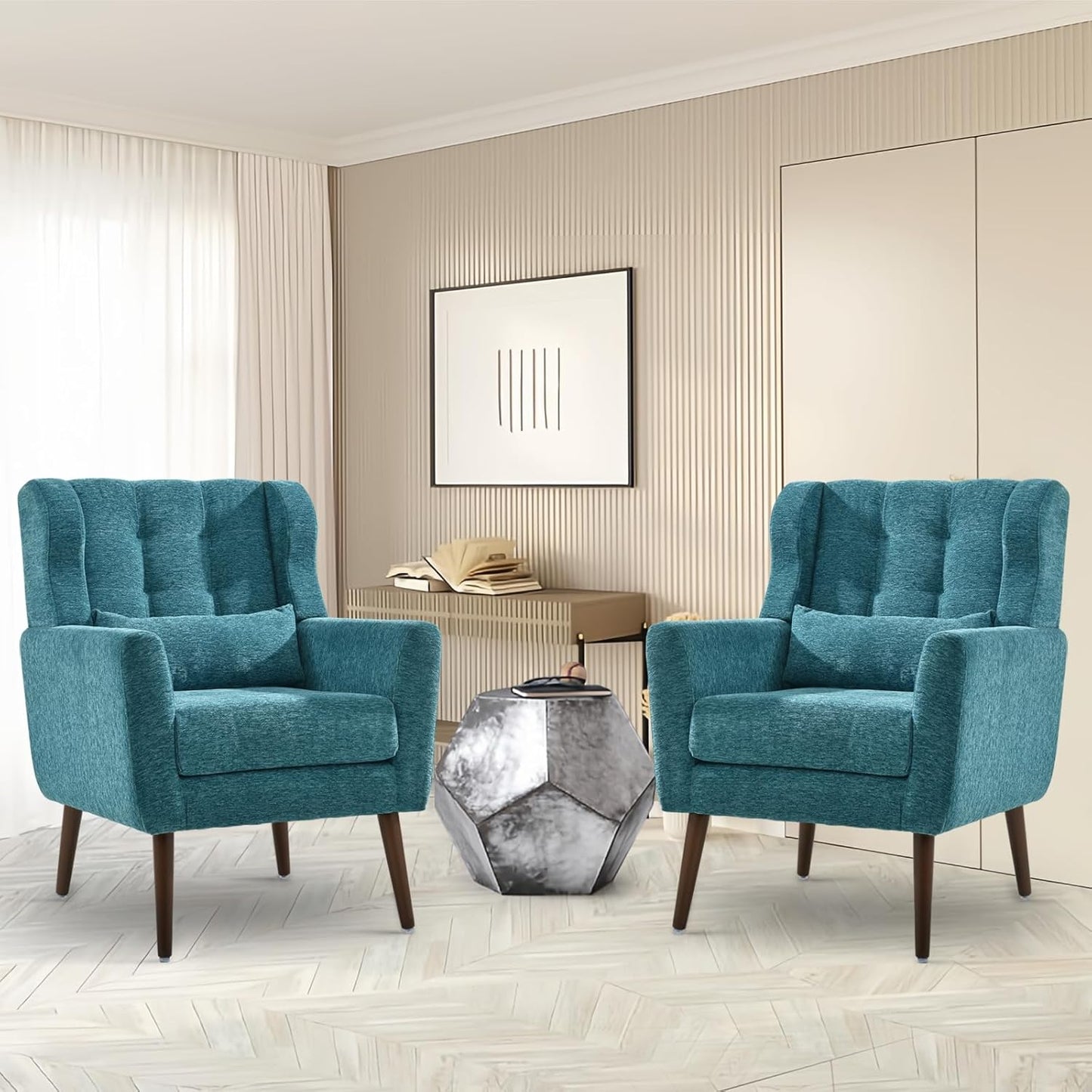 Accent Chairs Set of 2 for Living Room, Chenille Upholstered Mordern Armchair, Comfy Soft Padded Lounge Reading Arm Chair in Small Space, Bedroom, Pillow, Solid Wood Leg, Beige