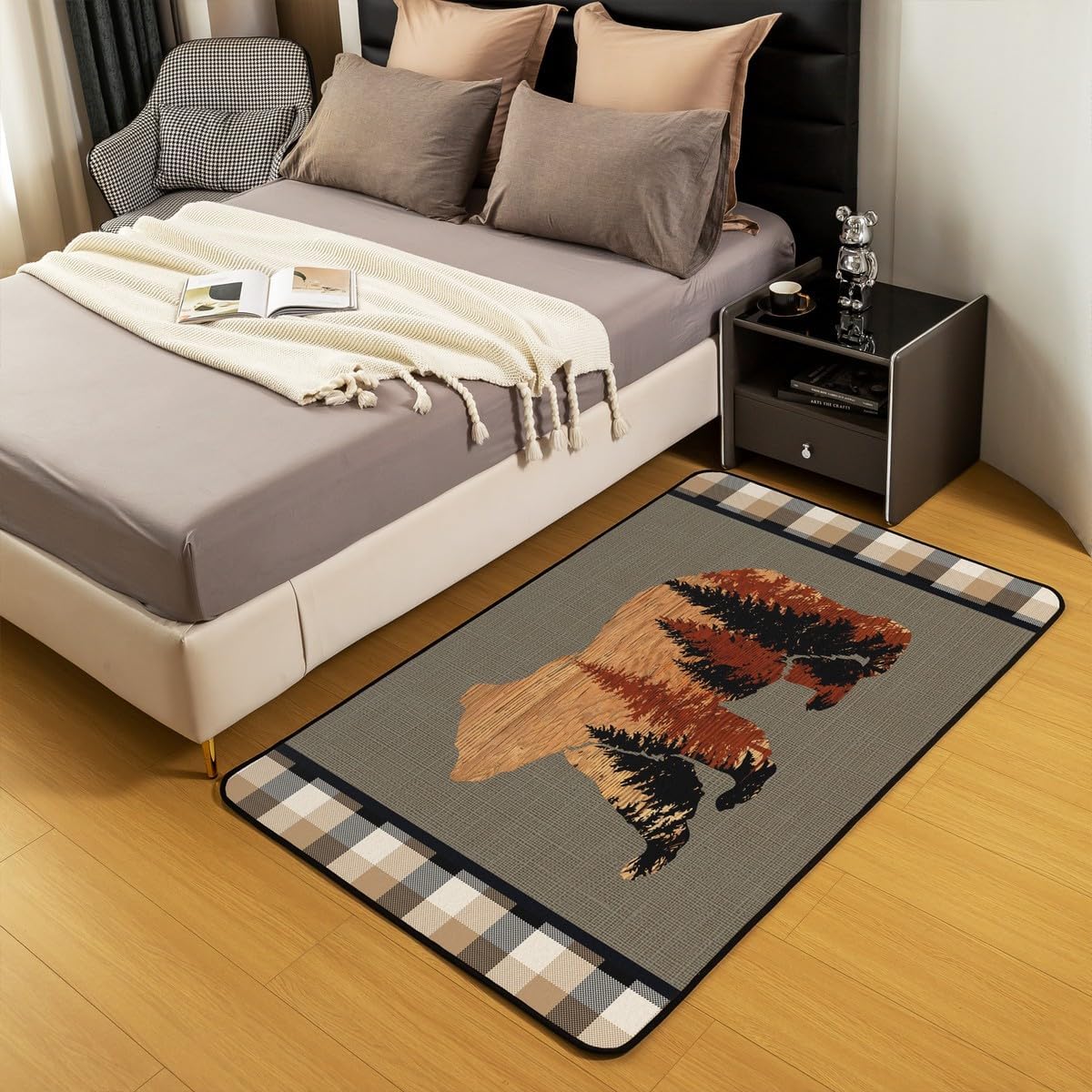 jejeloiu Cute Bear Area Rug 5x7 Wild Animal Pattern Decorative Carpet Nature Wildlife Bear Rugs for Living Room Bedroom Western Farmhouse Orange Grey Accent Rug