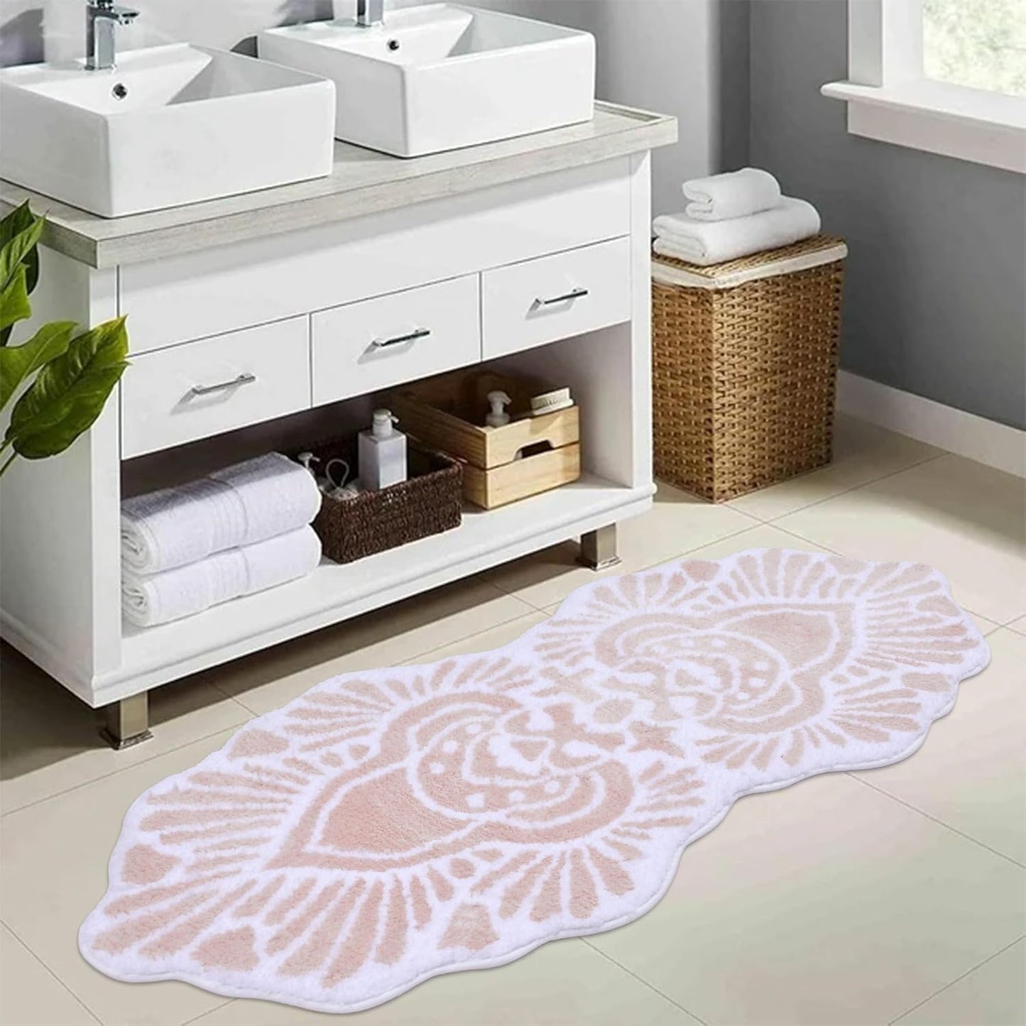 Bathroom Runner Rug 18x47 Non Slip Absorbent Bath Mats Long Bathroom Rugs Machine Washable Carpet Runner Rug Beige