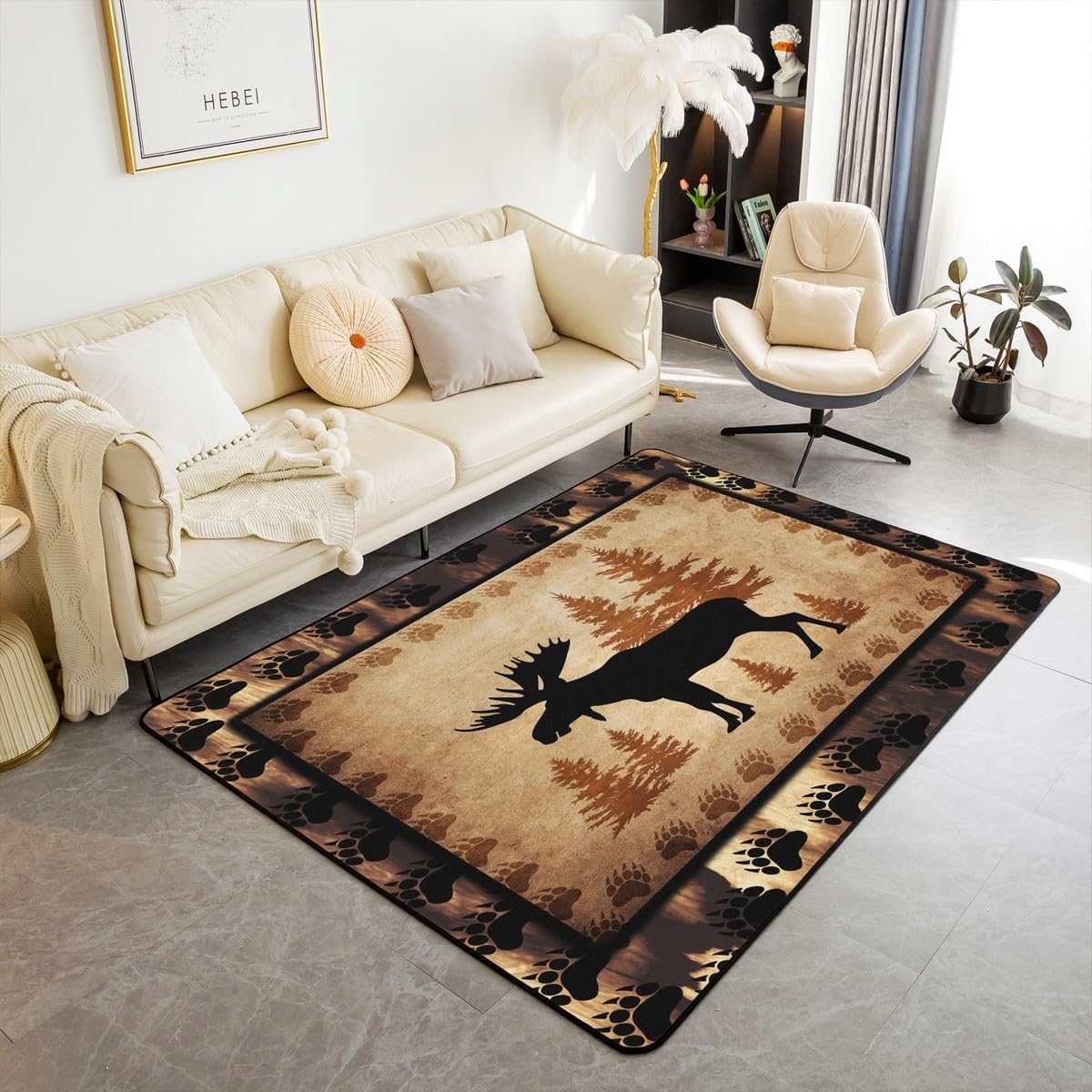 jejeloiu Cute Bear Area Rug 5x7 Wild Animal Pattern Decorative Carpet Nature Wildlife Bear Rugs for Living Room Bedroom Western Farmhouse Orange Grey Accent Rug