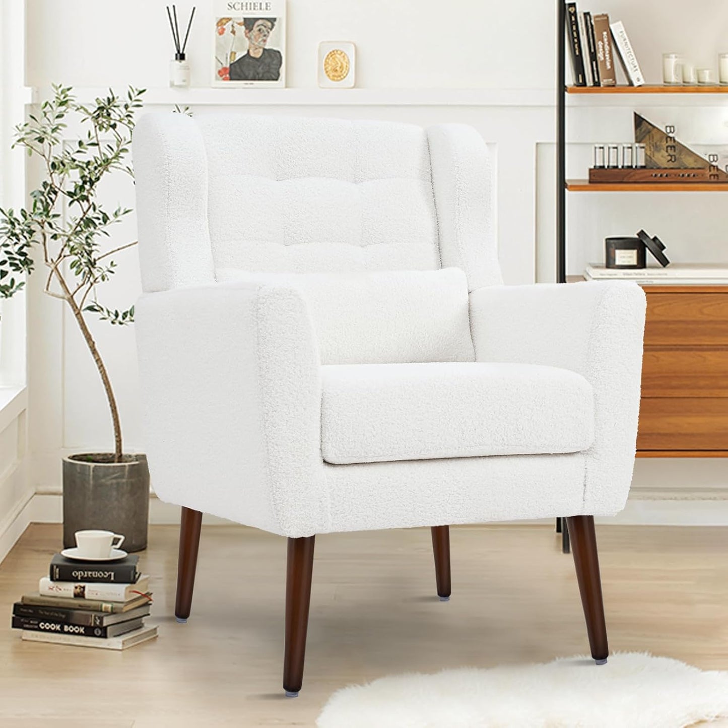 Accent Chairs Set of 2 for Living Room, Chenille Upholstered Mordern Armchair, Comfy Soft Padded Lounge Reading Arm Chair in Small Space, Bedroom, Pillow, Solid Wood Leg, Beige