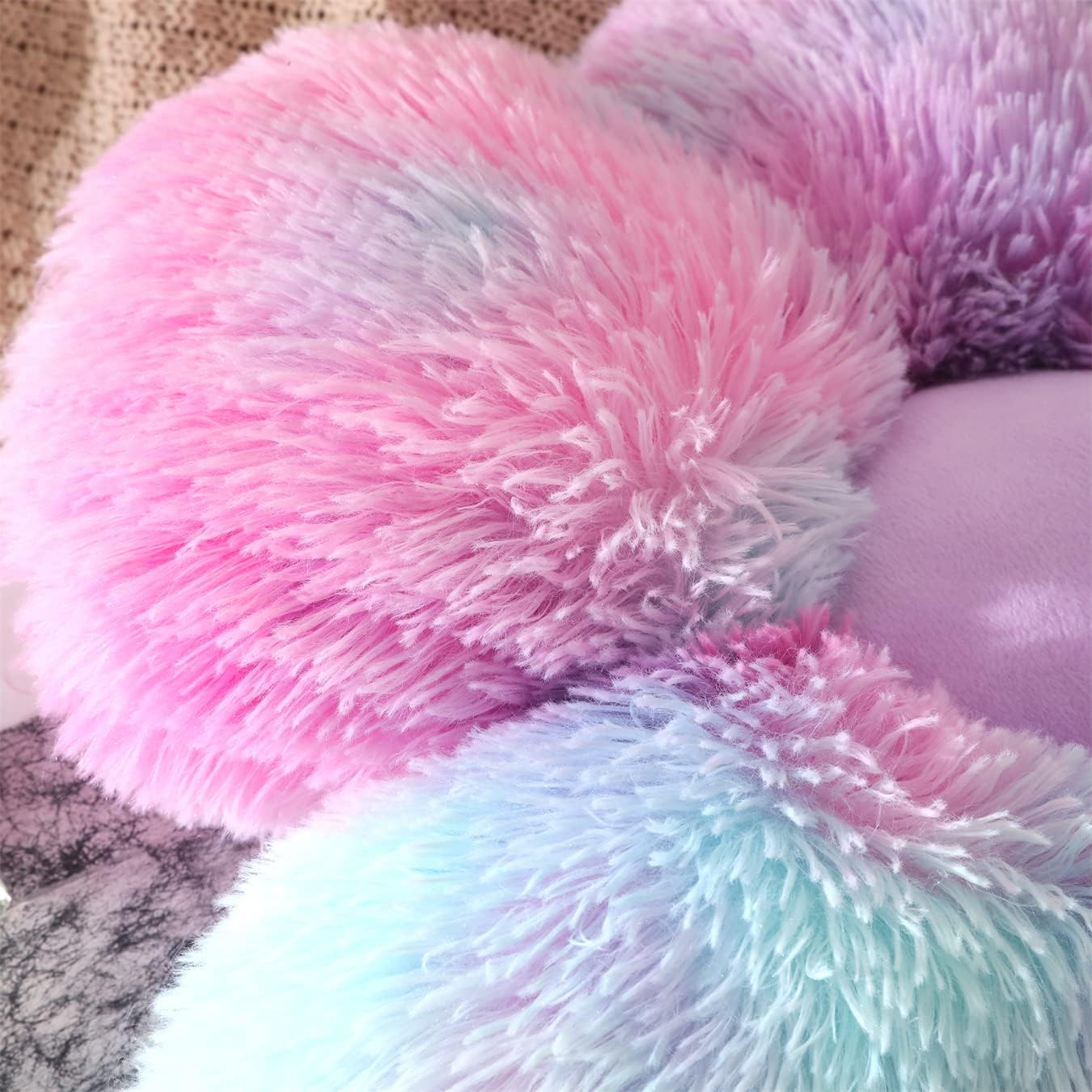 Faux Fur Pillow,Flower Shaped Throw Pillow Butt Cushion Flower Floor Pillow,Seating Cushion,Cute Room Decor & Plush Pillow for Bedroom Sofa Chair (19.7 Inches, Rainbow Purple)
