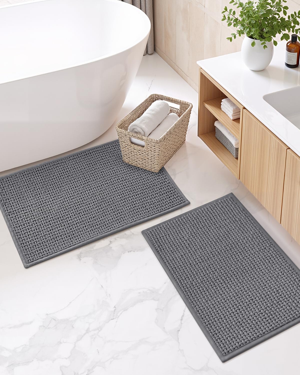 Color&Geometry Chenille Pile Large Bathroom Rugs Upgraded Denser, 24"x36" Non Slip Absorbent Black Bath Mats for Bathroom Thin Fit Under Door, Washable Quick Dry