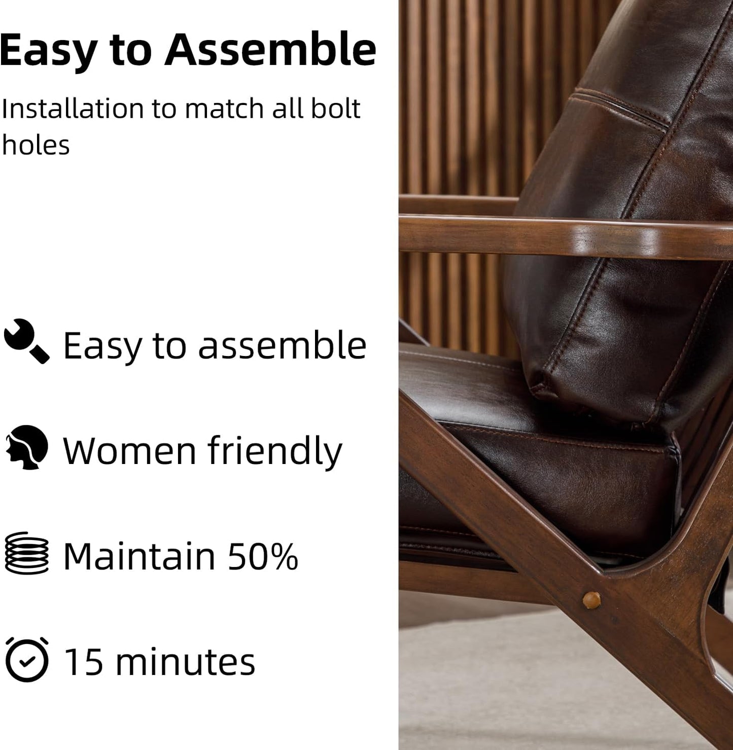 INZOY Mid-Century Modern Accent Chair with Wood Frame, PU Leather Living Room Chair and Soft Thick Padded Armchair for Living Room Bedroom Reception with Removable Upholstered Cushions, Brown