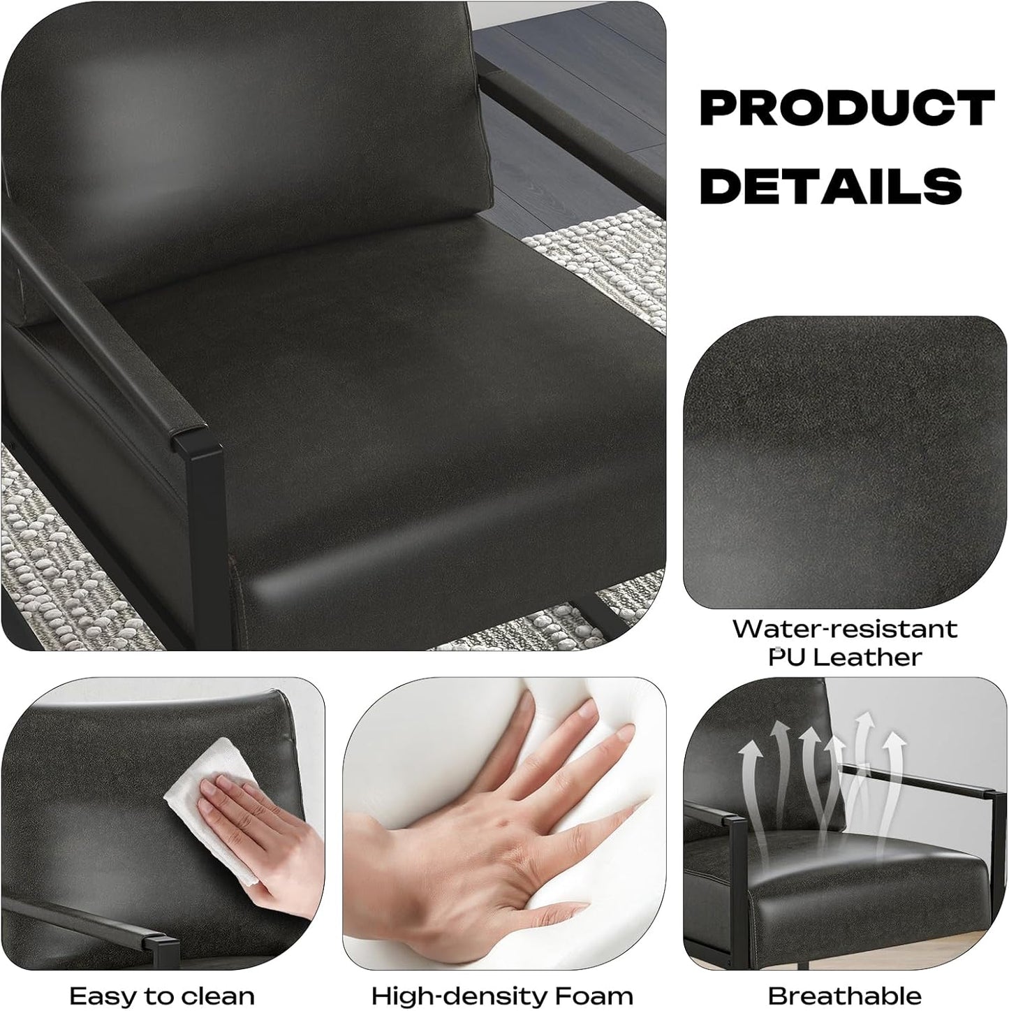 Phoenix Home PU Leather Accent Chair Set of 2, Leisure Metal Framed Armchair with Extra Soft Padded and Cushion, 105 Degree Slant Back, Modern Reading Arm Chair for Living Room/Office/Bedroom, Black