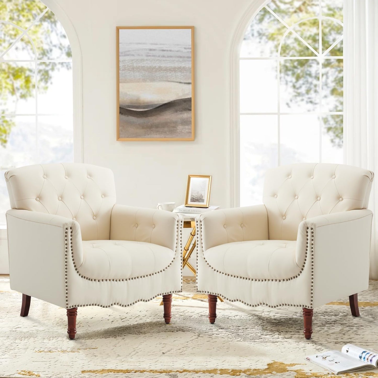 MOJAY PU Leather Accent Chair Set of 2, Modern Living Room Chair Comfy Armchair with Thick Padded Cushion, Lounge Sofa Club Chair with Sturdy Wood Legs for Bedroom Home Office (Ivory White)