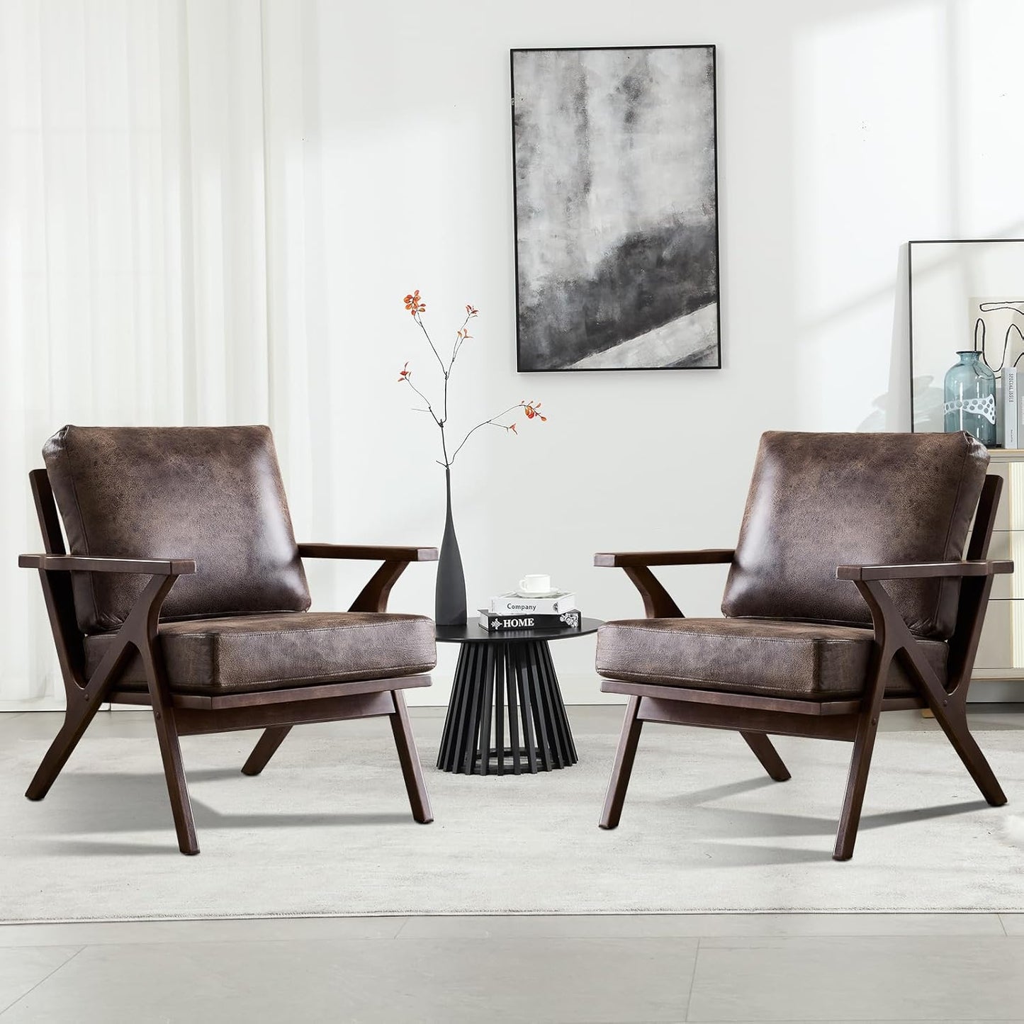 INZOY Mid-Century Modern Accent Chair with Wood Frame, PU Leather Living Room Chair and Soft Thick Padded Armchair for Living Room Bedroom Reception with Removable Upholstered Cushions, Brown