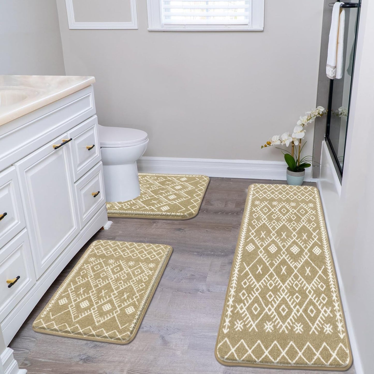 HEBE Bathroom Rug Set - 3 Piece Non Slip Shower Mats with U-Shaped Toilet Mat, Absorbent Microfiber Bath Mats for Bath Rugs, Washable Shaggy Floor Carpet