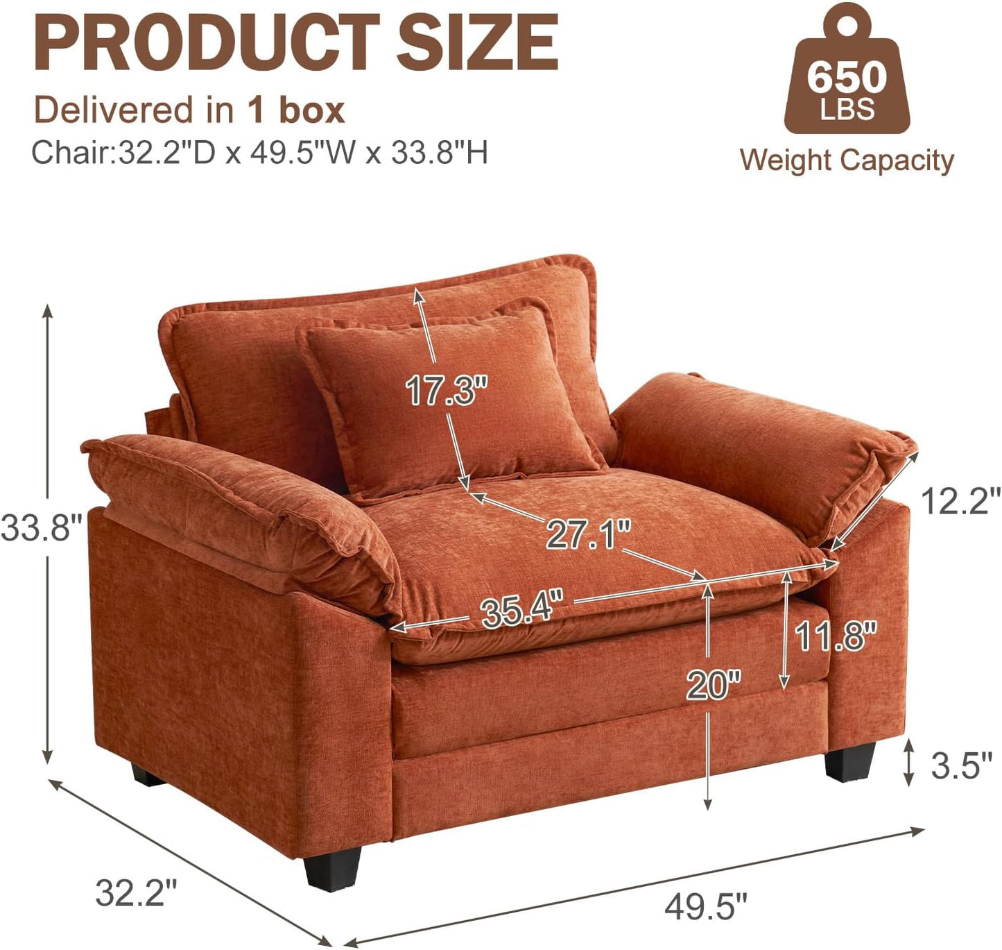 CDCASA Oversized Accent Chair, Chenille Comfy Cloud Sofa Chair with Large Seat and Upholstered Armrests, Modern Extra Wide Armchair Reading Chairs for Bedroom, Living Room,Set of 2,Terracotta Orange