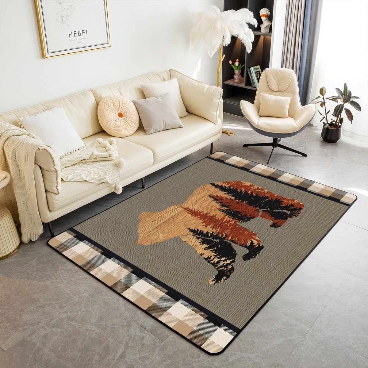 jejeloiu Cute Bear Area Rug 5x7 Wild Animal Pattern Decorative Carpet Nature Wildlife Bear Rugs for Living Room Bedroom Western Farmhouse Orange Grey Accent Rug