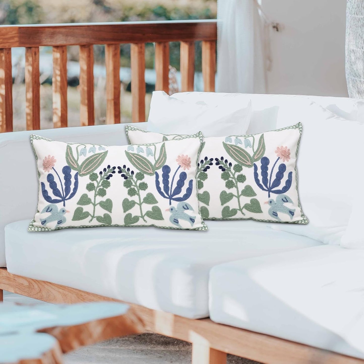 Pack of 2 Embroidered Decorative Throw Pillow Cover 18x18 Inch Farmhouse Floral Pillowcase for Living Room Sofa Bed (Bird Flower-Waist)