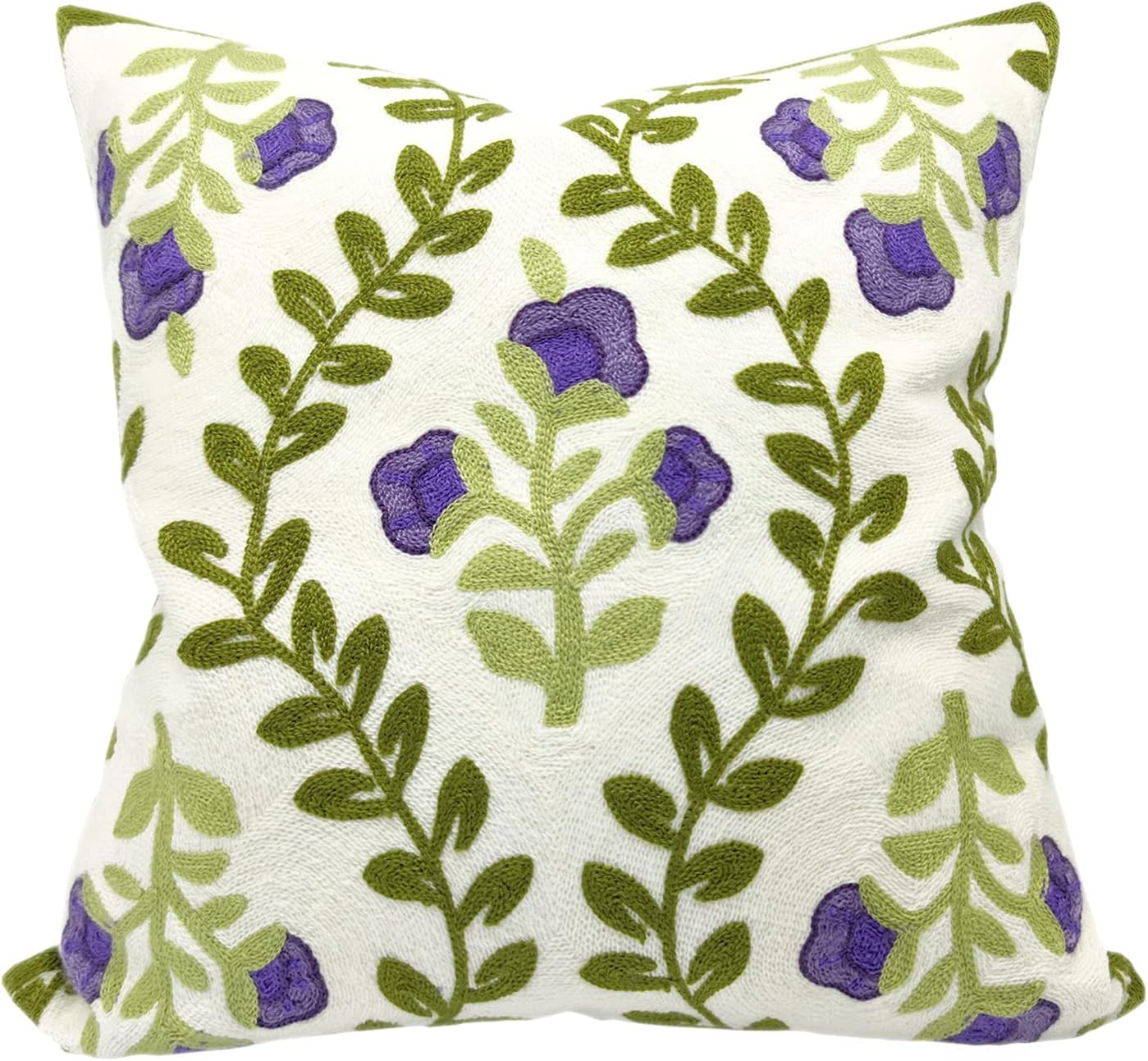 Alysheer Summer Floral Embroidered Decorative Throw Pillow Covers 18"x 18" Set of 2, Farmhouse Navy Blue Flowers Green Leaves Tufted Patterned Cotton Cushion Cases for Couch Bed Living Room Decor