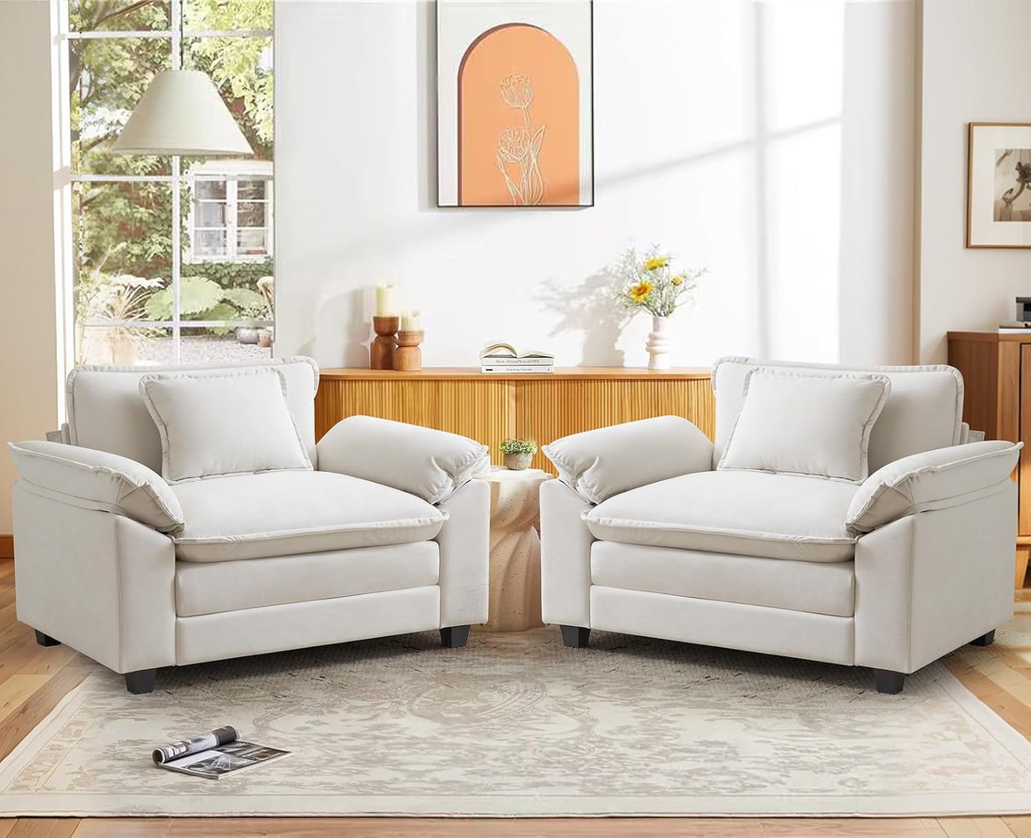 CDCASA Oversized Accent Chair, Chenille Comfy Cloud Sofa Chair with Large Seat and Upholstered Armrests, Modern Extra Wide Armchair Reading Chairs for Bedroom, Living Room,Set of 2,Terracotta Orange