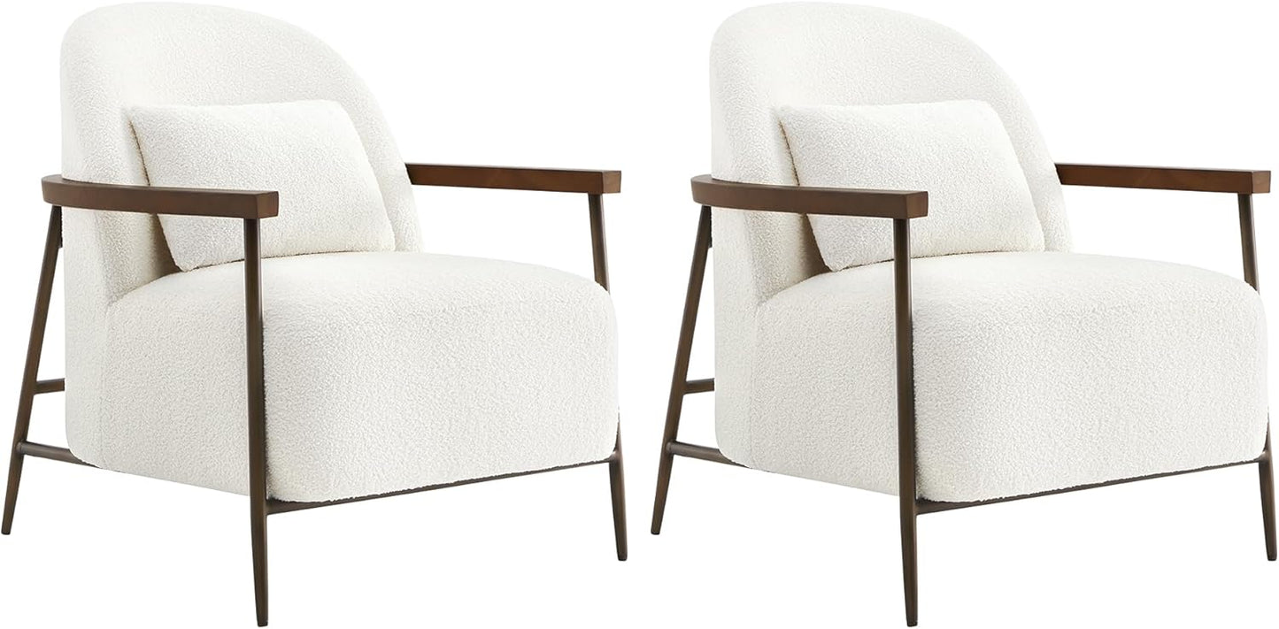 CHITA Accent Chair for Living Room Set of 2, FSC Certified Modern Upholstered Faux Sherpa Fabric Armchair with Metal Frame and Wooden Armrests, Ivory