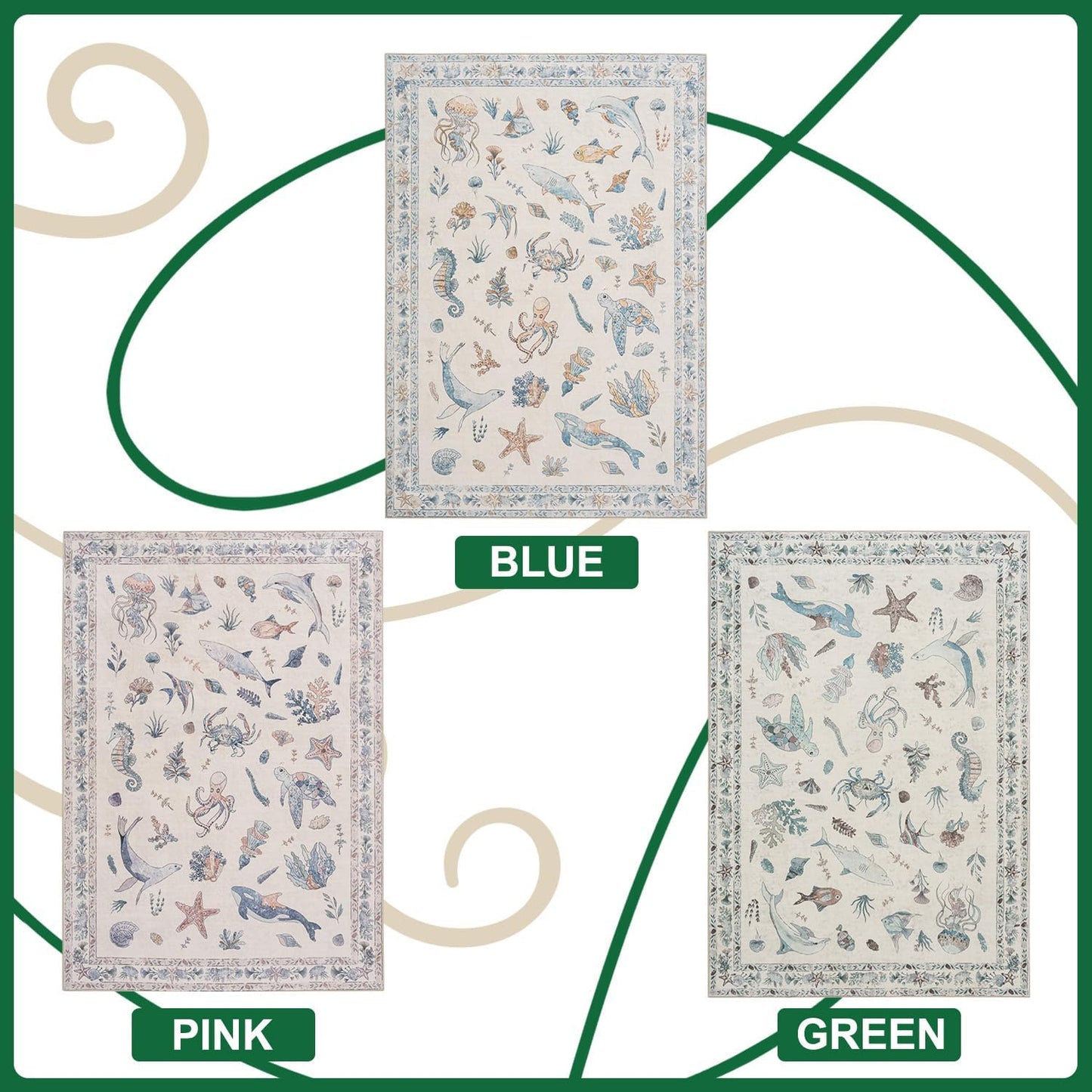 Soft Marine Animal Washable Faux Wool Stain Resistant Rug Rubber Non-Slip Backing for Playroom Bathroom Living Room Bedroom Bedside Beachy Cute Coastal Nautical Nursery Rug (Blue Multi, 5' x 7')