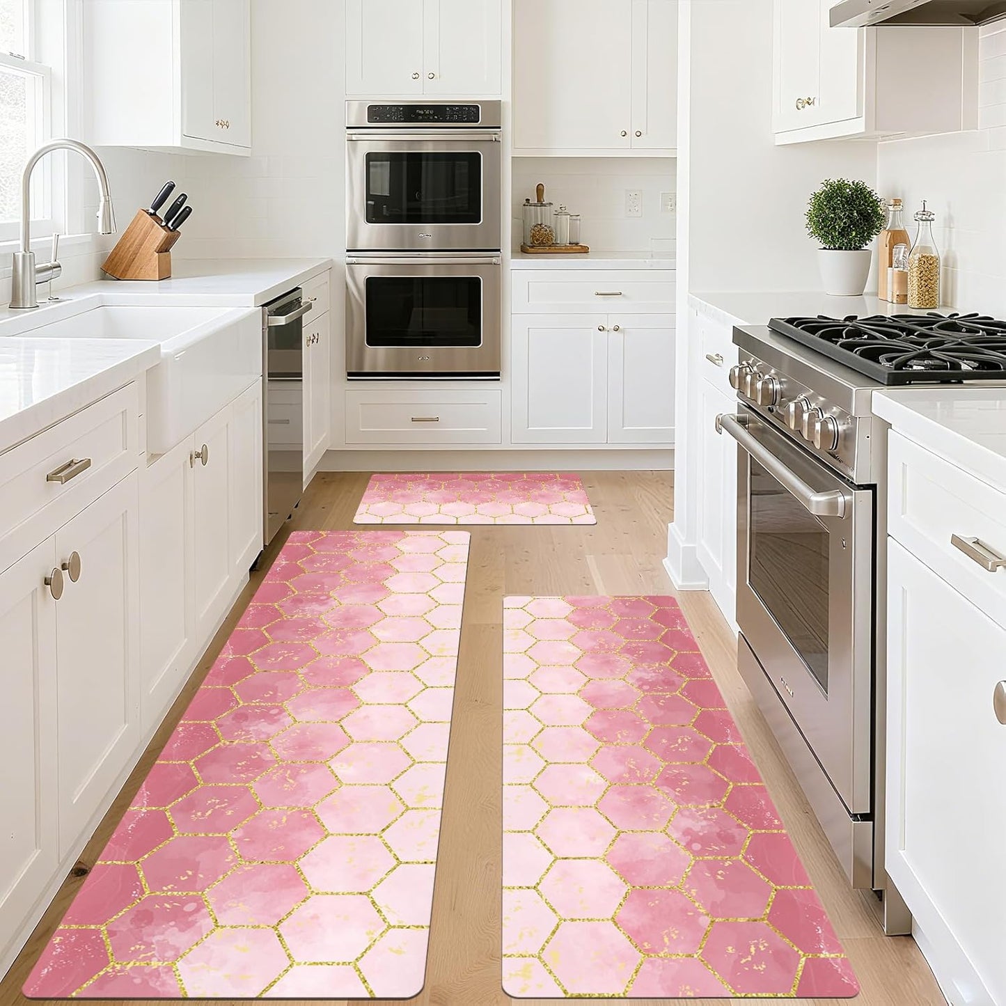 Kitchen Rugs Sets 3 Piece, Non Slip Cushioned Kitchen Mats for Floor Comfort Standing Runner Rugs, Chef Floor Carpet for Sink, Laundry Room, Hallway, Entryway, Bathroom, Brown Honeycomb Marble