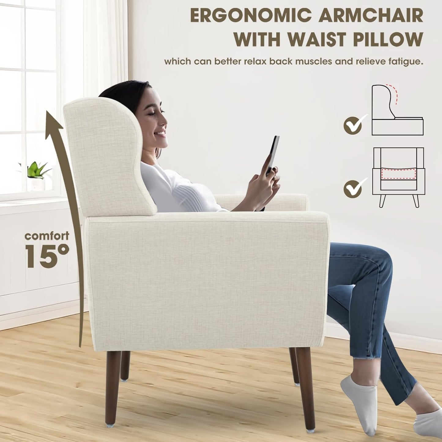 Accent Chairs Set of 2 for Living Room, Chenille Upholstered Mordern Armchair, Comfy Soft Padded Lounge Reading Arm Chair in Small Space, Bedroom, Pillow, Solid Wood Leg, Beige