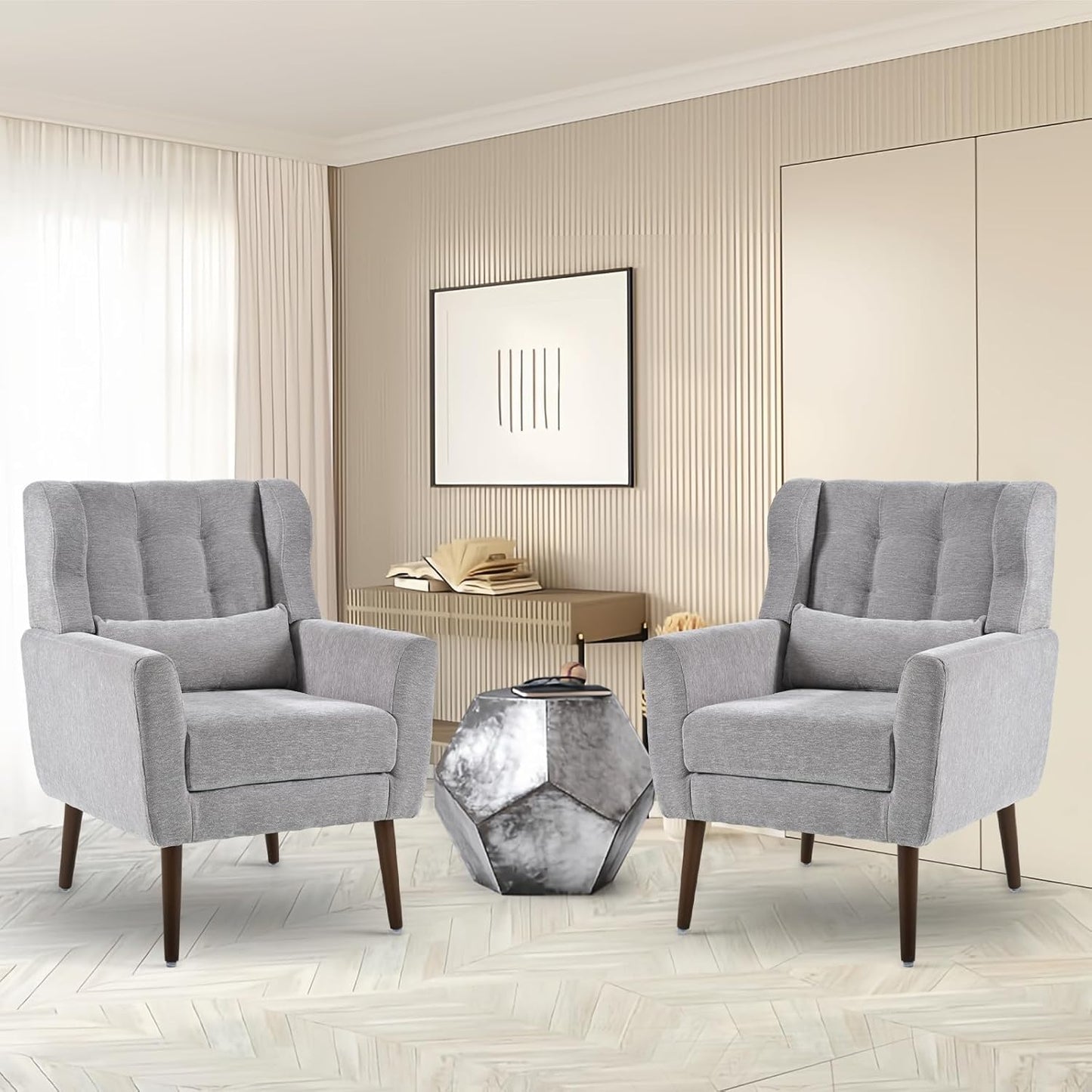Accent Chairs Set of 2 for Living Room, Chenille Upholstered Mordern Armchair, Comfy Soft Padded Lounge Reading Arm Chair in Small Space, Bedroom, Pillow, Solid Wood Leg, Beige