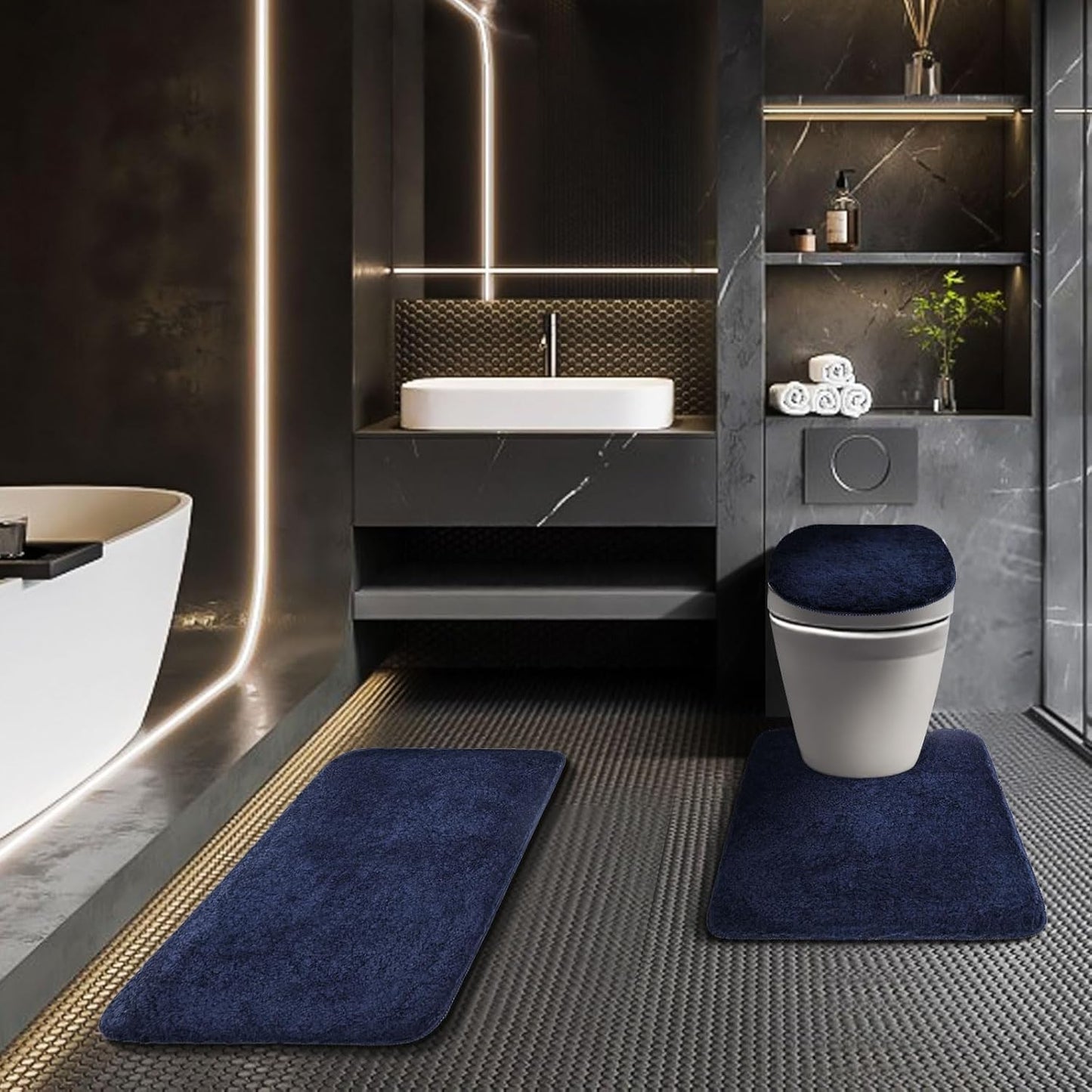 Bathroom Rugs Sets 3 Piece with Adjustable Toilet Seat Cover 17.5"x 15" Machine Washable Bath Rug Set with TPR Non Slip Rubber Backing Solid Bath Mat Set for Luxury Bathroom Decoration