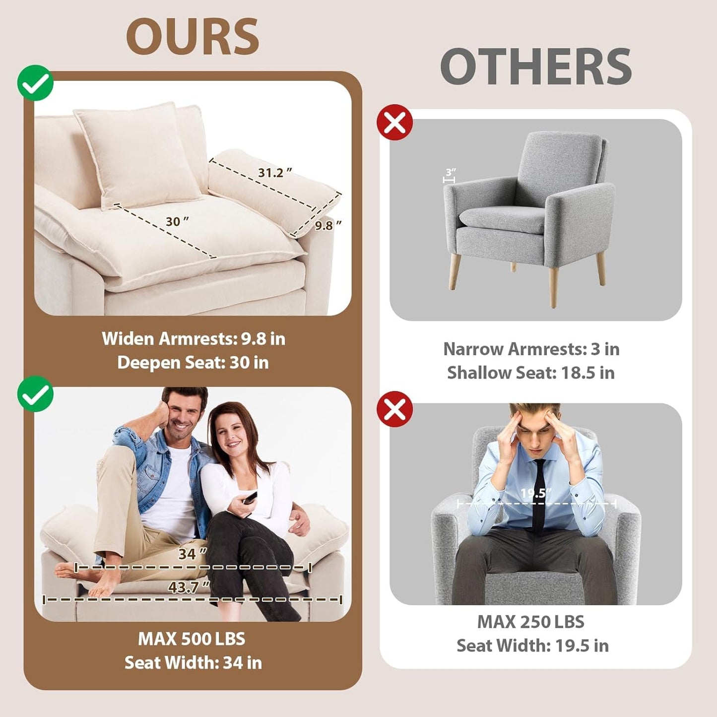 Chenille Oversized Accent Chair with Ottoman, Comfy Single Sofa Chair Armchair with Large Seat and Extra Wide Armrests, Modern Reading Chairs for Bedroom, Living Room,Beige