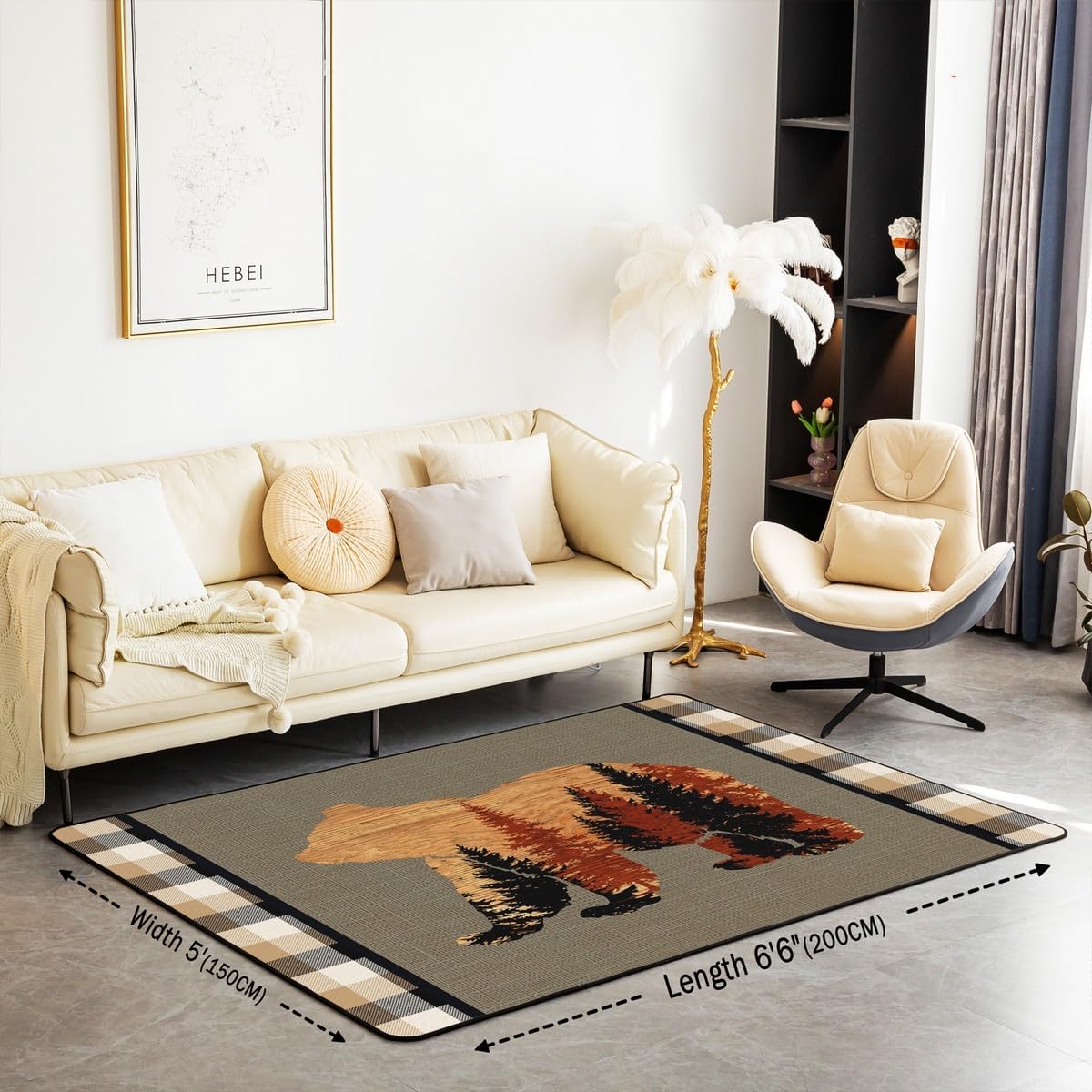 jejeloiu Cute Bear Area Rug 5x7 Wild Animal Pattern Decorative Carpet Nature Wildlife Bear Rugs for Living Room Bedroom Western Farmhouse Orange Grey Accent Rug