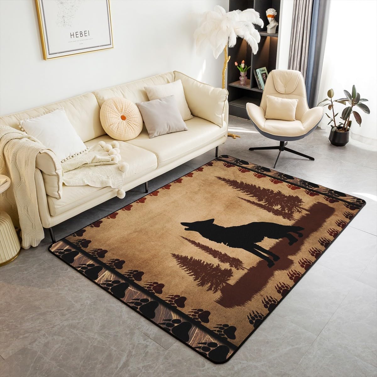 jejeloiu Cute Bear Area Rug 5x7 Wild Animal Pattern Decorative Carpet Nature Wildlife Bear Rugs for Living Room Bedroom Western Farmhouse Orange Grey Accent Rug