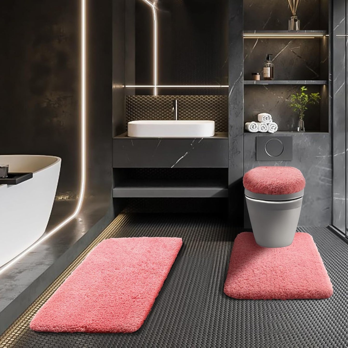 Bathroom Rugs Sets 3 Piece with Adjustable Toilet Seat Cover 17.5"x 15" Machine Washable Bath Rug Set with TPR Non Slip Rubber Backing Solid Bath Mat Set for Luxury Bathroom Decoration