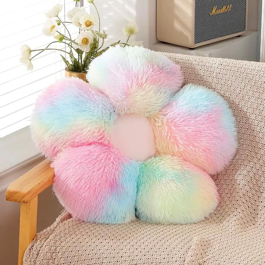 Faux Fur Pillow,Flower Shaped Throw Pillow Butt Cushion Flower Floor Pillow,Seating Cushion,Cute Room Decor & Plush Pillow for Bedroom Sofa Chair (19.7 Inches, Rainbow Purple)