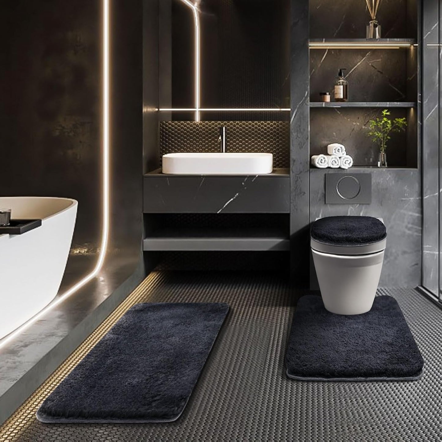 Bathroom Rugs Sets 3 Piece with Adjustable Toilet Seat Cover 17.5"x 15" Machine Washable Bath Rug Set with TPR Non Slip Rubber Backing Solid Bath Mat Set for Luxury Bathroom Decoration