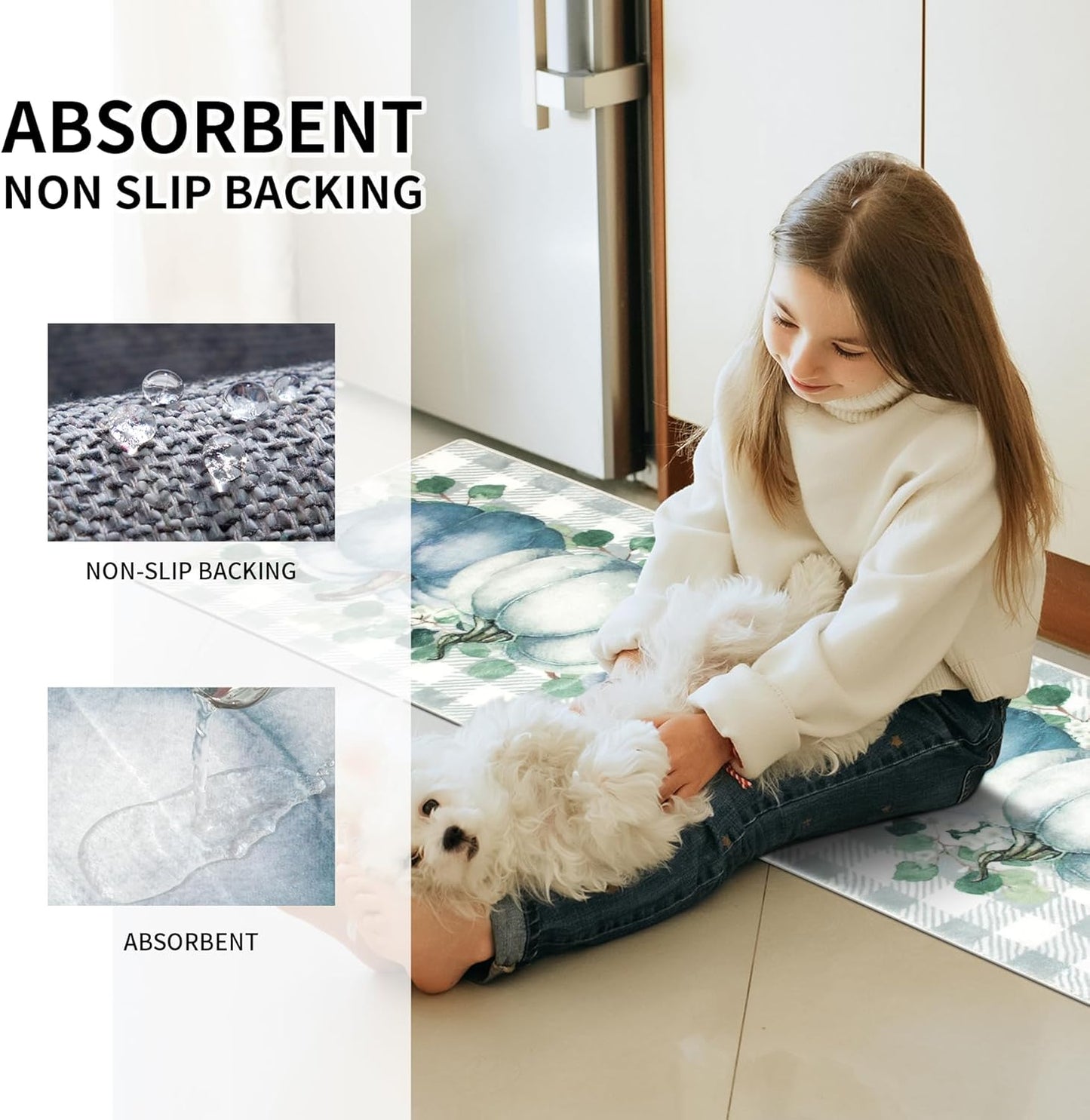 Fall Kitchen Rugs Sets of 3 Non Slip Washable Blue Pumpkin Kitchen Mats for Floor 3 Piece Set Kitchen Rug Sets Runner Carpets Absorbent for Home Party Autumn Decor(20"x32"+20"x48"+20"x59")