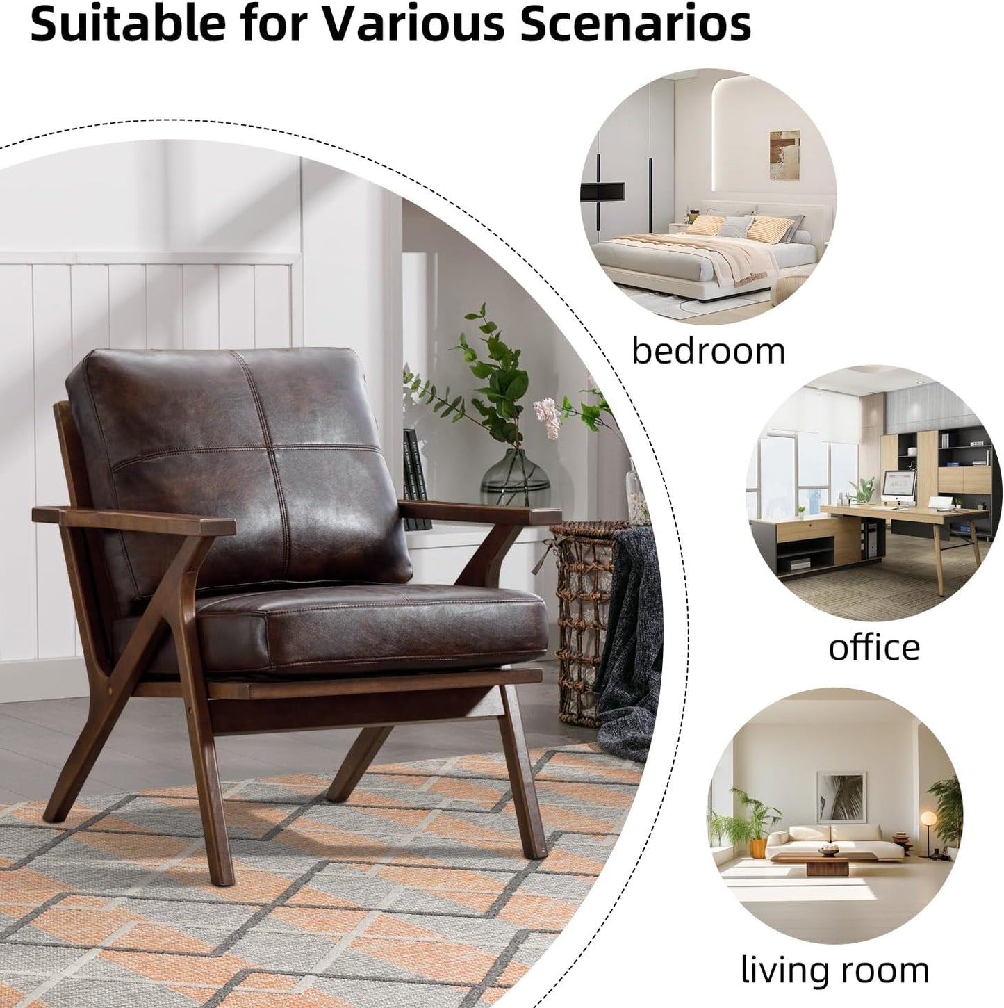 INZOY Mid-Century Modern Accent Chair with Wood Frame, PU Leather Living Room Chair and Soft Thick Padded Armchair for Living Room Bedroom Reception with Removable Upholstered Cushions, Brown