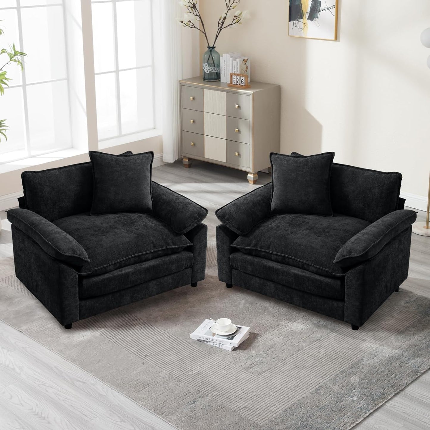 Chenille Oversized Accent Chair with Ottoman, Comfy Single Sofa Chair Armchair with Large Seat and Extra Wide Armrests, Modern Reading Chairs for Bedroom, Living Room,Beige