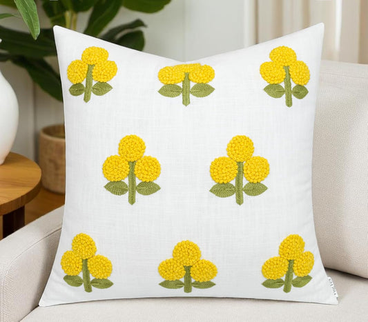Hand Embroidered Gomet Flower Decorative Square Accent Throw Pillow Cover - Pillowcase for Living Room Sofa, Couch, Bedroom - Chair Cushion Cover - 20x20, Ivory