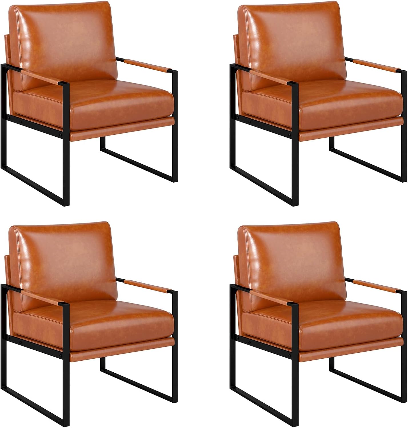 Phoenix Home PU Leather Accent Chair Set of 2, Leisure Metal Framed Armchair with Extra Soft Padded and Cushion, 105 Degree Slant Back, Modern Reading Arm Chair for Living Room/Office/Bedroom, Black