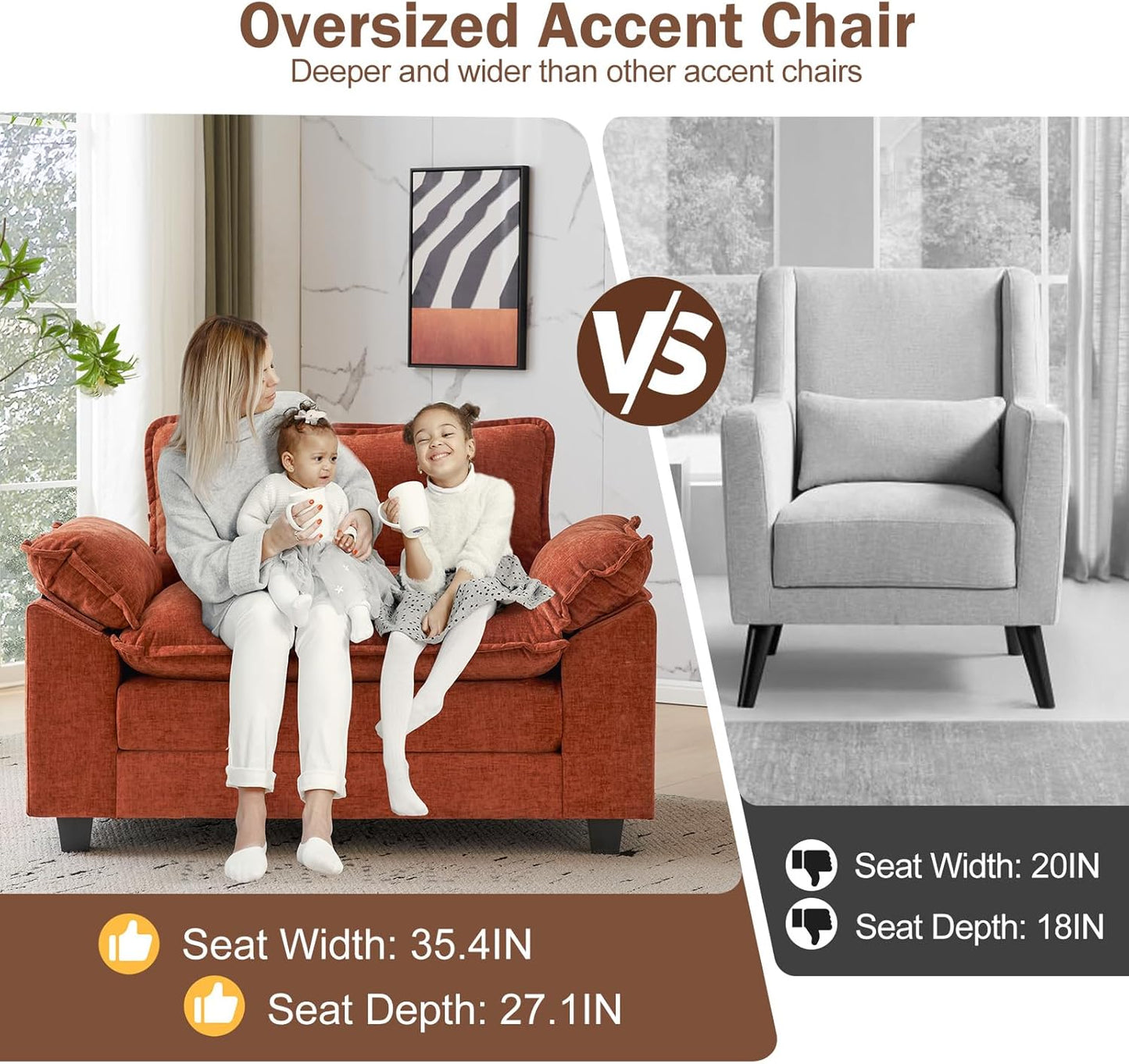 CDCASA Oversized Accent Chair, Chenille Comfy Cloud Sofa Chair with Large Seat and Upholstered Armrests, Modern Extra Wide Armchair Reading Chairs for Bedroom, Living Room,Set of 2,Terracotta Orange