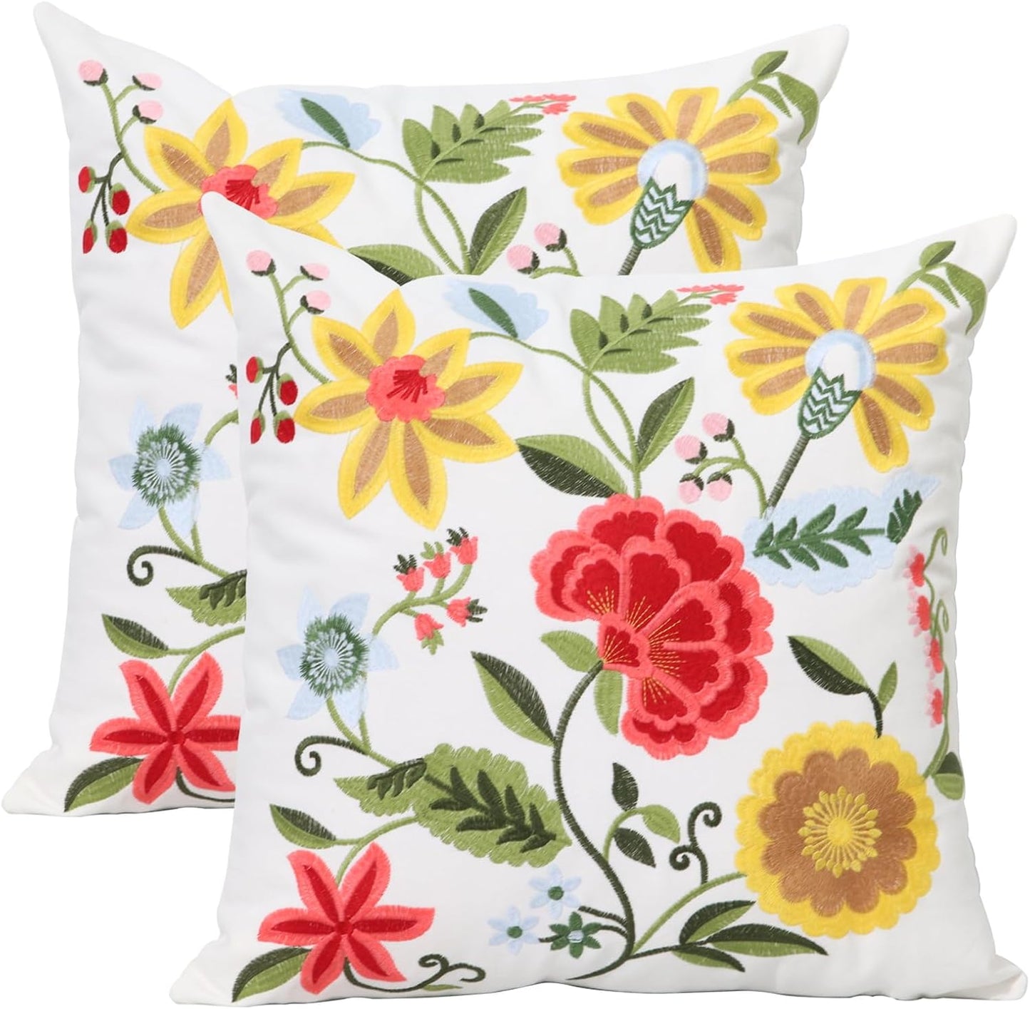 Pack of 2 Embroidered Decorative Throw Pillow Cover 18x18 Inch Farmhouse Floral Pillowcase for Living Room Sofa Bed (Bird Flower-Waist)