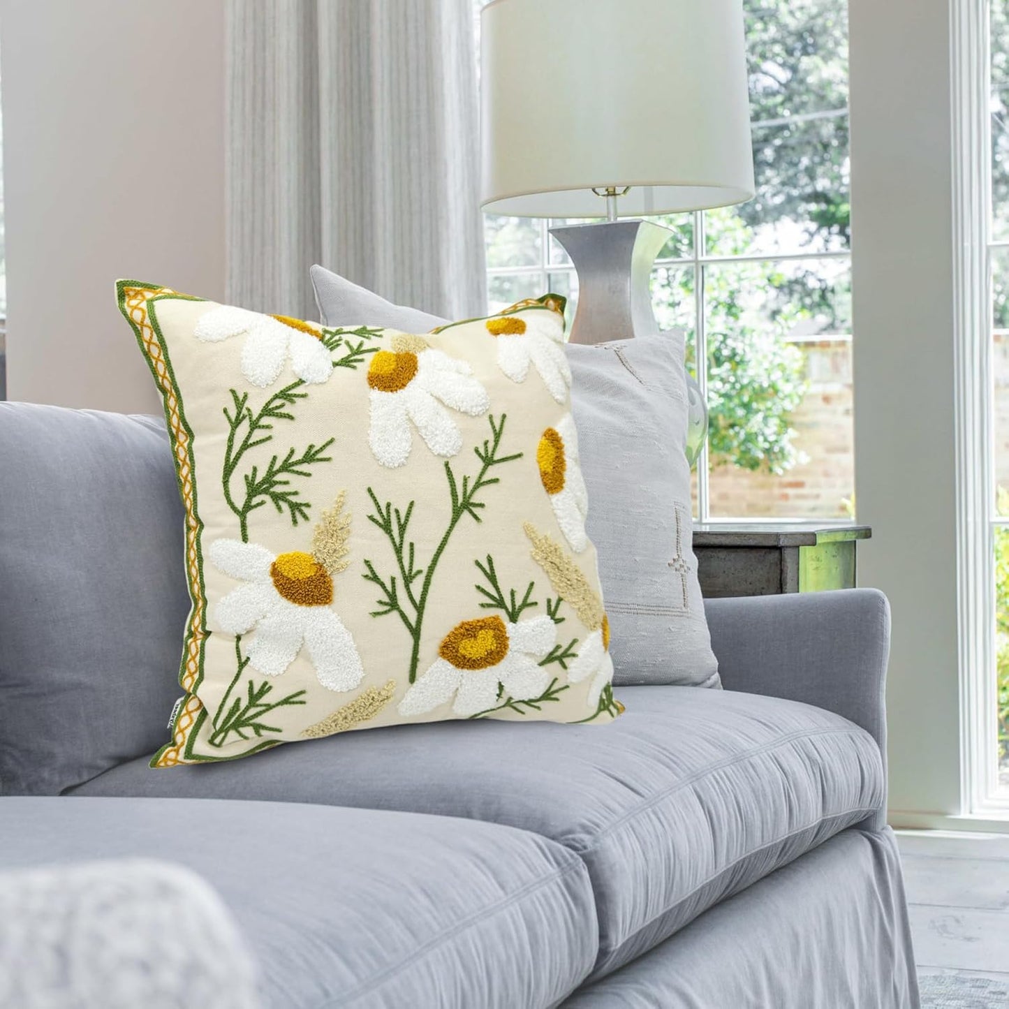 Alysheer Floral Embroidered Fall Decorative Throw Pillow Covers 18"x 18" Set of 2, Farmhouse Daisy Flowers Patterned Canvas Cushion Cases for Couch Bed Living Room Decor