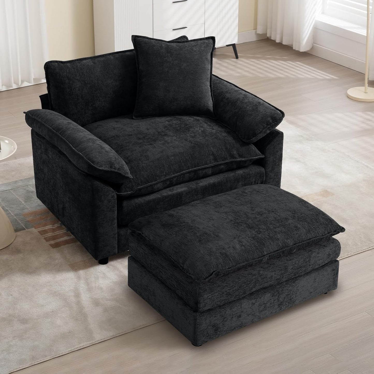 Chenille Oversized Accent Chair with Ottoman, Comfy Single Sofa Chair Armchair with Large Seat and Extra Wide Armrests, Modern Reading Chairs for Bedroom, Living Room,Beige