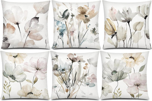 COMMINY Brown White Grey Pillow Covers 18x18 Set of 6 Flower Throw Pillow Cover for Couch Modern Decorative Watercolor Floral Cushion Cover for Sofa Bedroom Living Room Farmhouse Home Decor