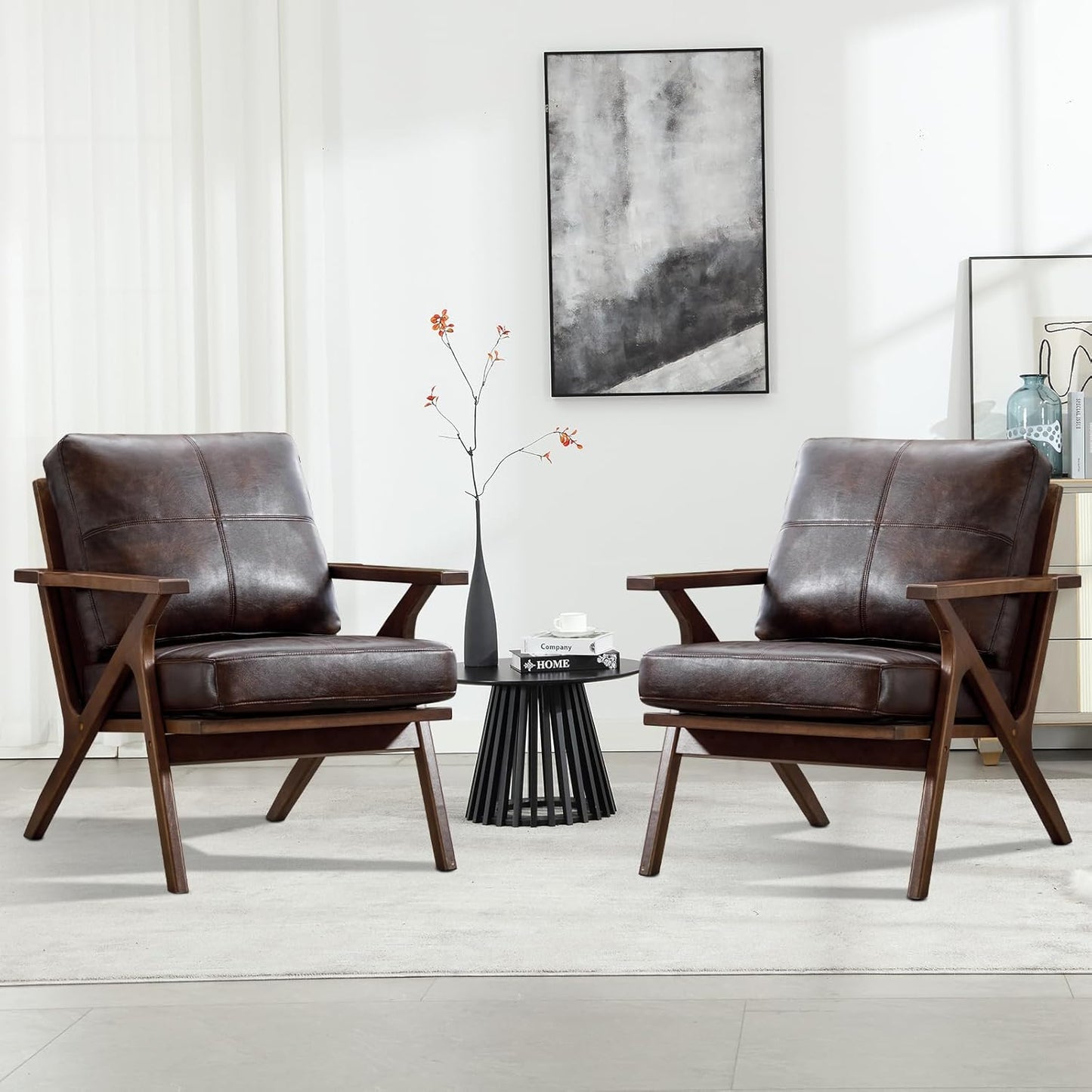 INZOY Mid-Century Modern Accent Chair with Wood Frame, PU Leather Living Room Chair and Soft Thick Padded Armchair for Living Room Bedroom Reception with Removable Upholstered Cushions, Brown