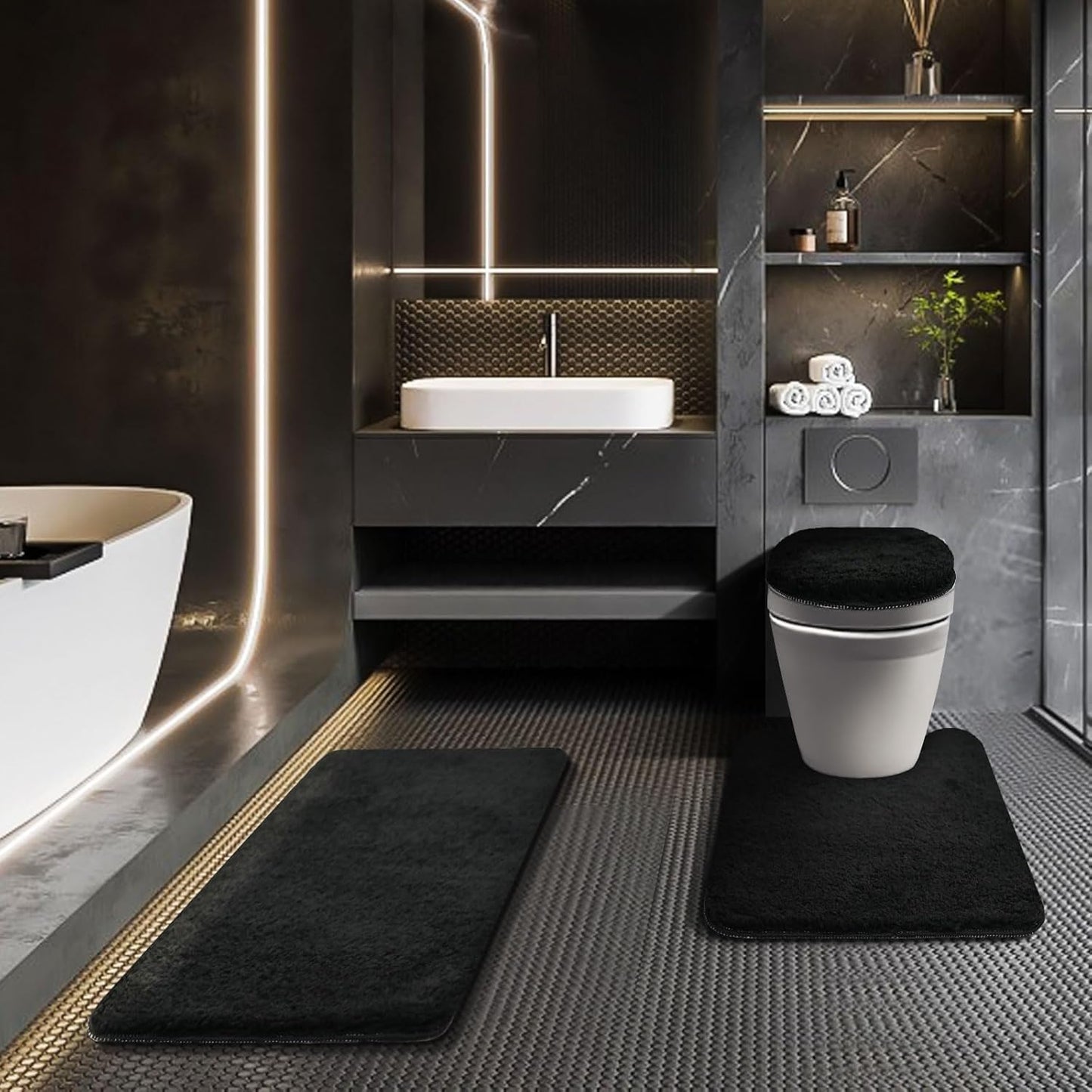 Bathroom Rugs Sets 3 Piece with Adjustable Toilet Seat Cover 17.5"x 15" Machine Washable Bath Rug Set with TPR Non Slip Rubber Backing Solid Bath Mat Set for Luxury Bathroom Decoration