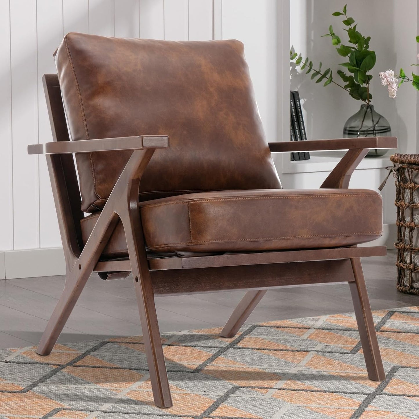 INZOY Mid-Century Modern Accent Chair with Wood Frame, PU Leather Living Room Chair and Soft Thick Padded Armchair for Living Room Bedroom Reception with Removable Upholstered Cushions, Brown