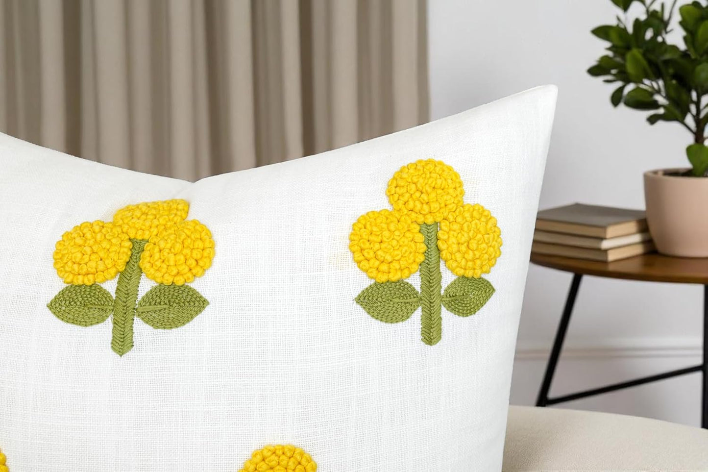 Hand Embroidered Gomet Flower Decorative Square Accent Throw Pillow Cover - Pillowcase for Living Room Sofa, Couch, Bedroom - Chair Cushion Cover - 20x20, Ivory