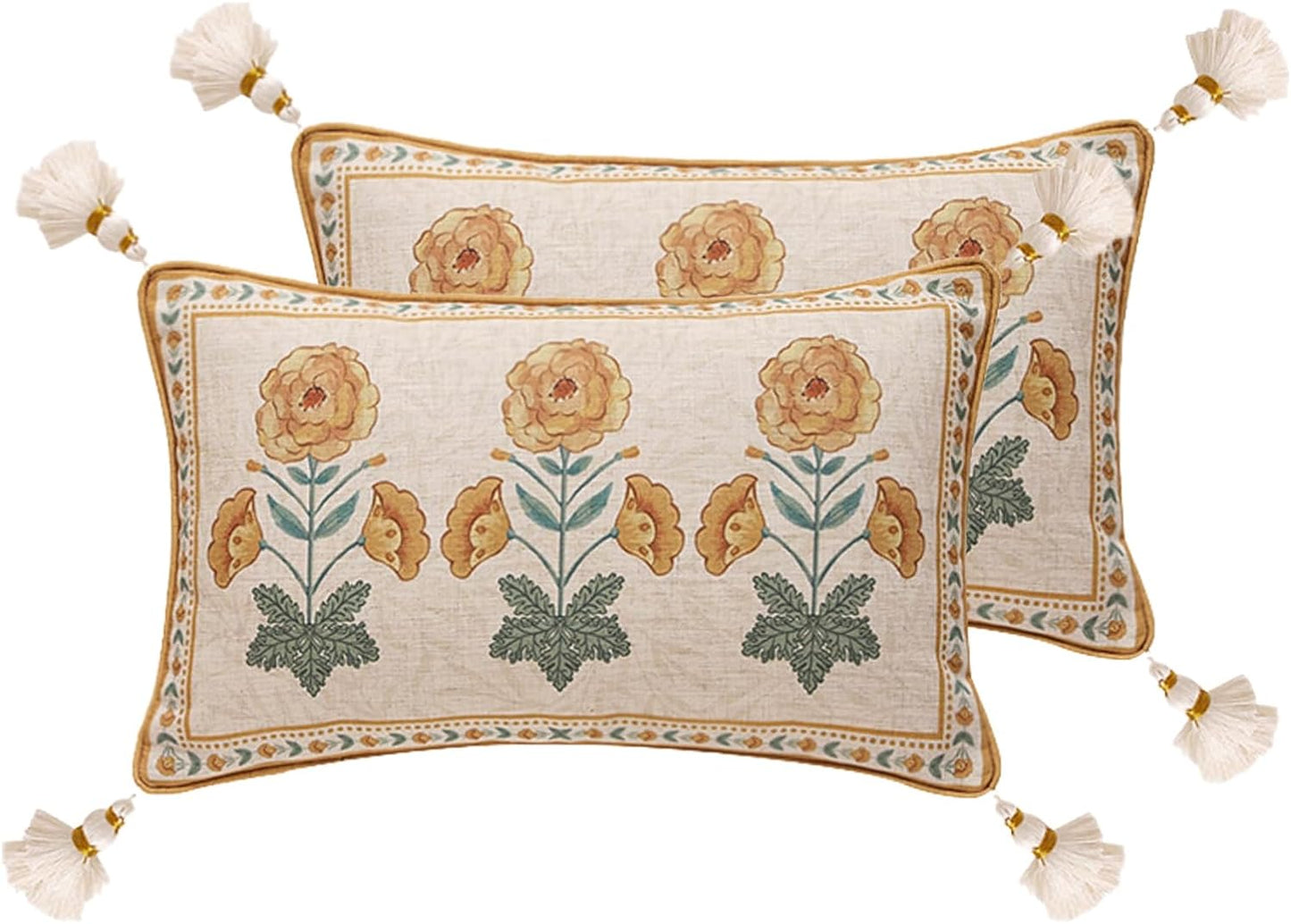 patdrea Designer Pack of 2 Square Throw Pillow Covers,Farmhouse Pink and Yellow Linen with Floral Pattern Pillows Cover,Decorative Pillowcases Cushion for Bed Living Room Outdoor Car,18"x18"